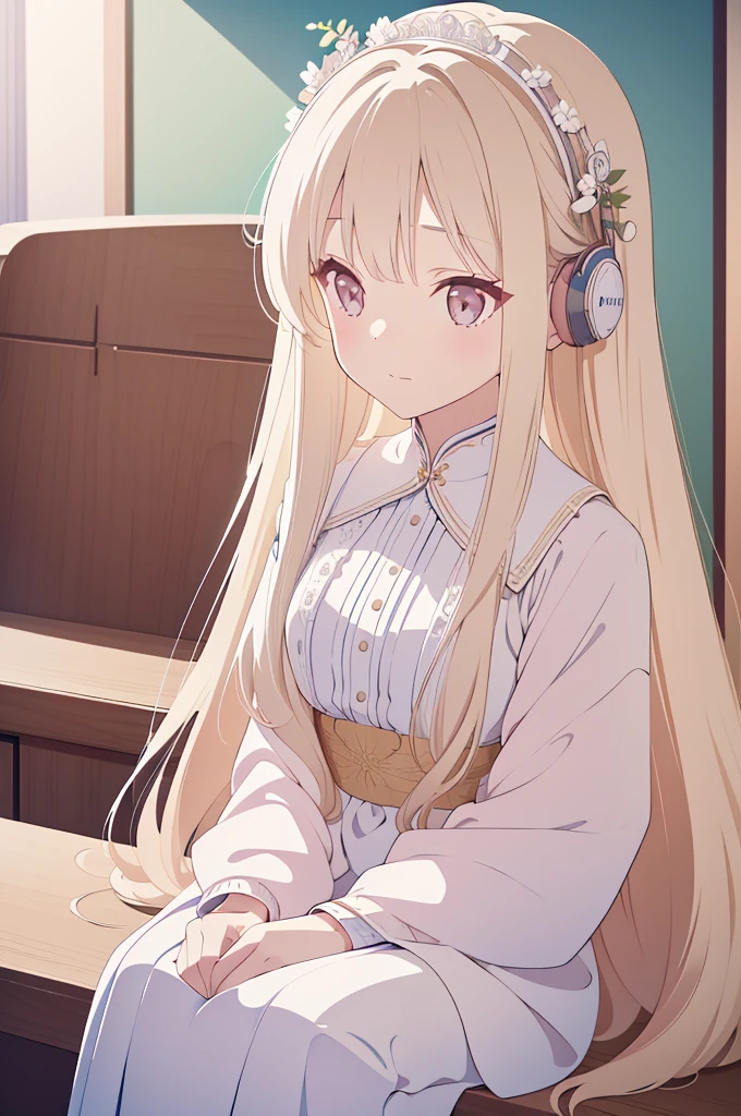 In this stunning portrait, a young girl with long white hair sits serenely, donning headphones upon her ears, lost in the enchanting melodies of her music. The pastel colors of the scene provide a soft, dream-like atmosphere, perfectly complementing the ethereal beauty of the girl. Adorned with a logo on her headphones, she exudes a sense of modernity and individuality. This meticulously crafted photograph captures the delicate balance between innocence and sophistication, and its exceptional quality captures every intricate detail, from the strands of the girl's hair to the subtle shades of the pastel palette.