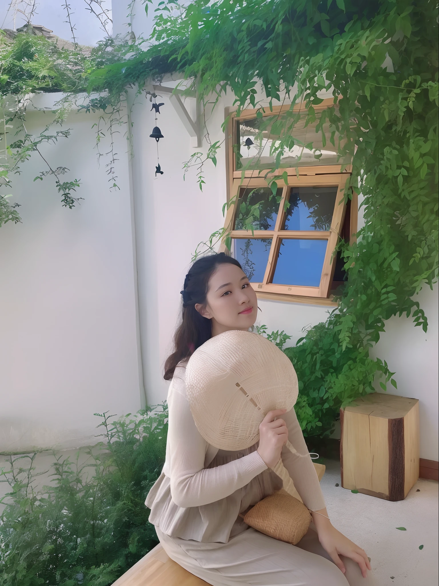 there is a woman that is sitting down on a bench,(Take a fan), Inspired by Tang Yifen, Inspired by Huang Ji, photo shot, Inspired by Li Fangying, Inspired by Kim Chung Hee, Inspired by Huayan, with backdrop of natural light, There are ivies, 😭 🤮 💕 🎀, cottagecore!! Fitness the body, Inspired by Xie He, at summer afternoon,Ultimate facial detail,wallpaper hd