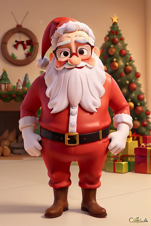 Obra-prima, de melhor qualidade,papai Noel gordo,with glasses red Santa Claus clothes,cinto preto,eyeglass,botas pretas,next to a Christmas tree