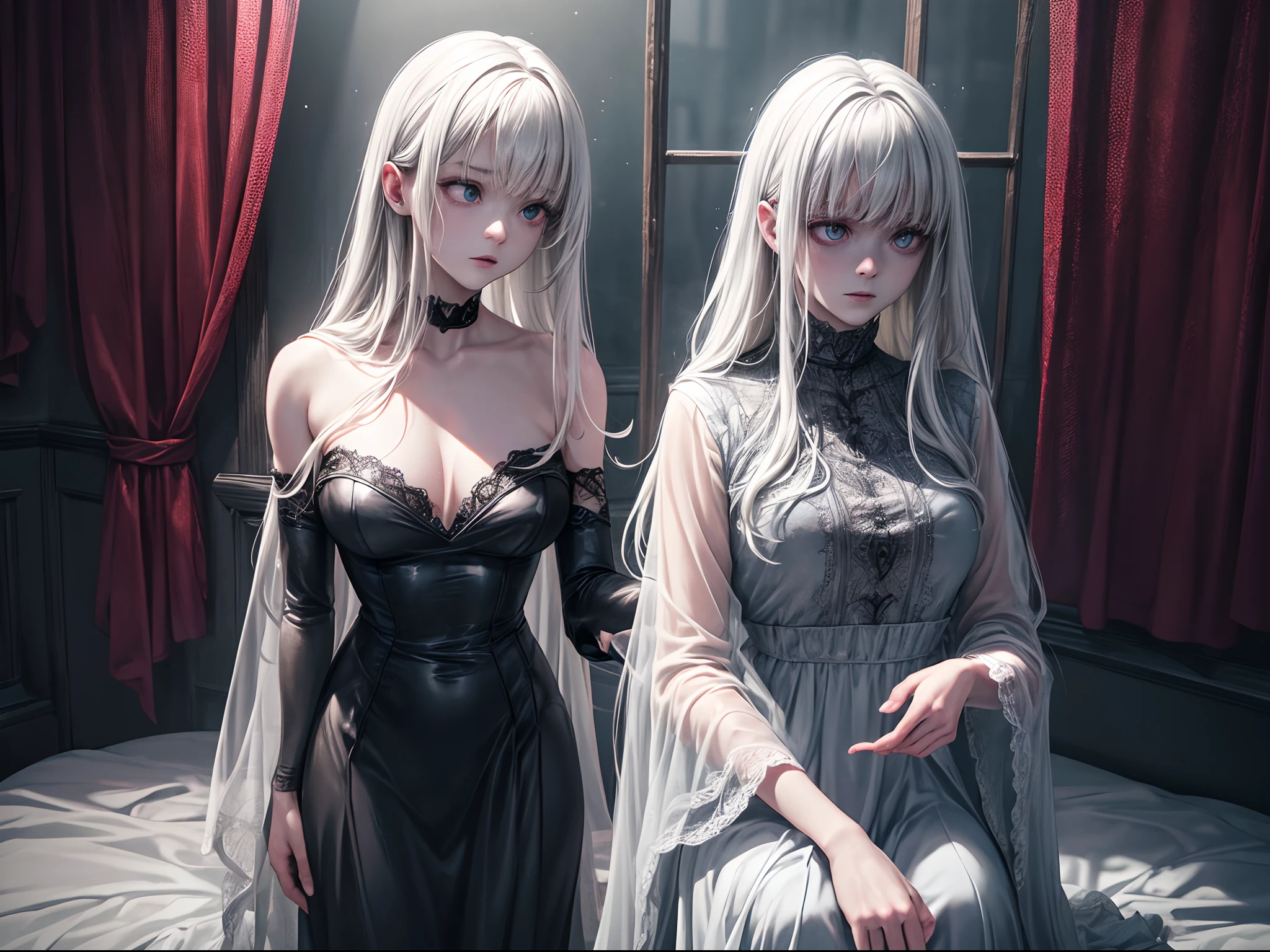 (best quality,4k,8k,highres,masterpiece:1.2),ultra-detailed,(realistic,photorealistic,photo-realistic:1.37),horror,ghost,ghostly figure,translucent apparition,dark shadow,haunting presence,ethereal entity,trembling in fear,white flowing gown,floating above the ground,pale and ghastly face,red glowing eyes,spectral hands outstretched,spooky atmosphere,dimly lit room,creepy sensation,sudden chill,gripped by terror,horror movie scene,paranormal activity,unsettling silence,nightmarish experience,goosebumps-inducing,rustling curtains,haunted house,terrifying encounter,heart pounding,shrieking whispers,bone-chilling,macabre aura,spine-tingling,otherworldly presence,supernatural phenomenon,dreadful mystery,scary ambiance,terrifying apparition,unsettling succession of events,petrified with fear,hauntingly beautiful.