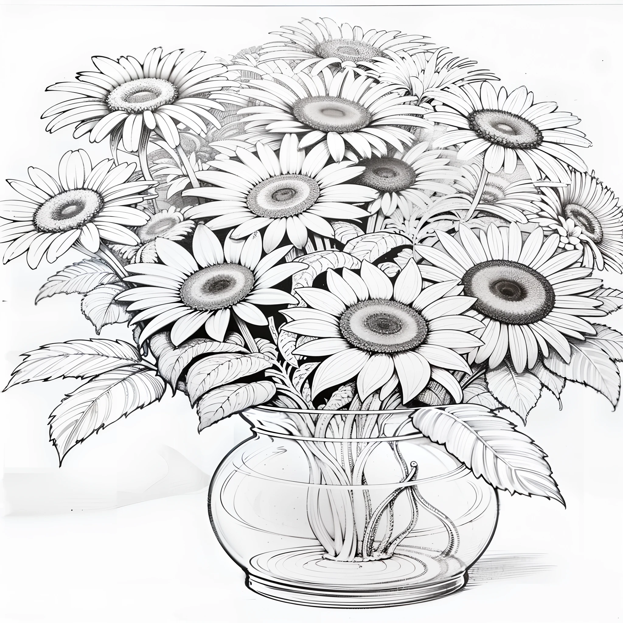 a drawing of a vase filled with lots of flowers on a table, i dream of a vase flowers, flowers with intricate detail, incredibly realistic, sketch black and white colors, banana plants drawing, coloring book outline, detailed flowers, helianthus flowers, crystallic sunflowers, perfect pen and ink line art, black and white detailed sketch, highly realistic and intricate, extremely realistic