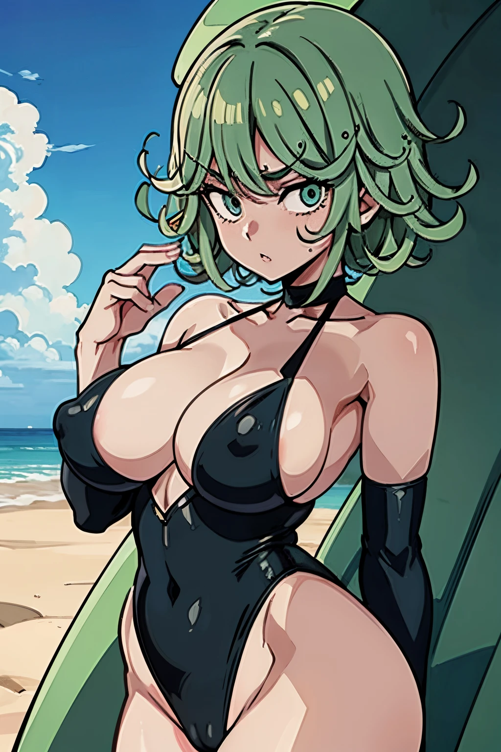 tatsumaki de one punch man en la playa desnuda con mirada de odio