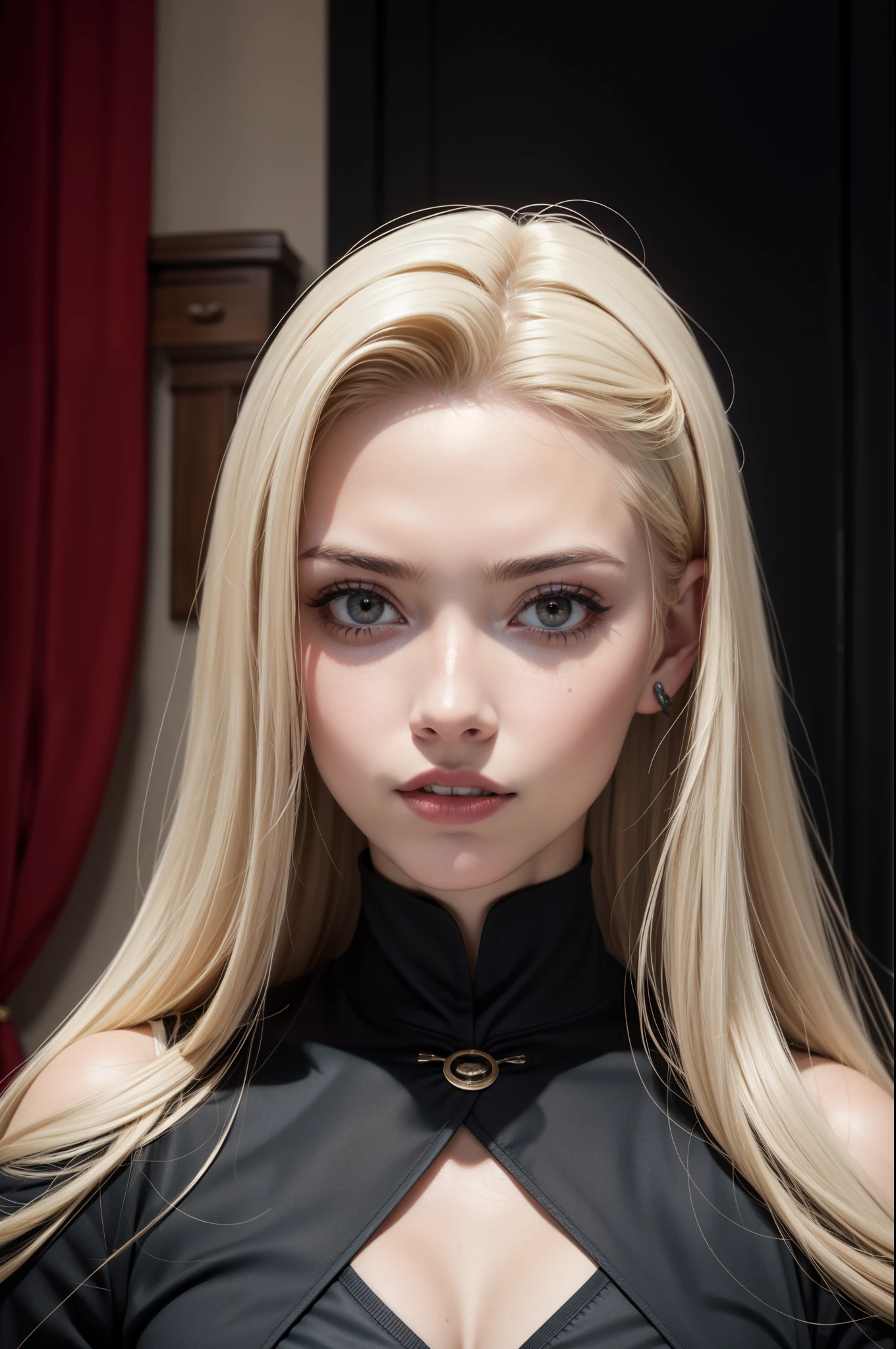 retrato de uma mulher, cabelos curtos, cabelos pretos, pale skinned, face similar to Simone Simons, batom vermelho, sobretudo de couro preto Matrix, camiseta interna cinza, boca aberta, dentes de vampiro, dentes caninos longados, orelhas levemente pontudas