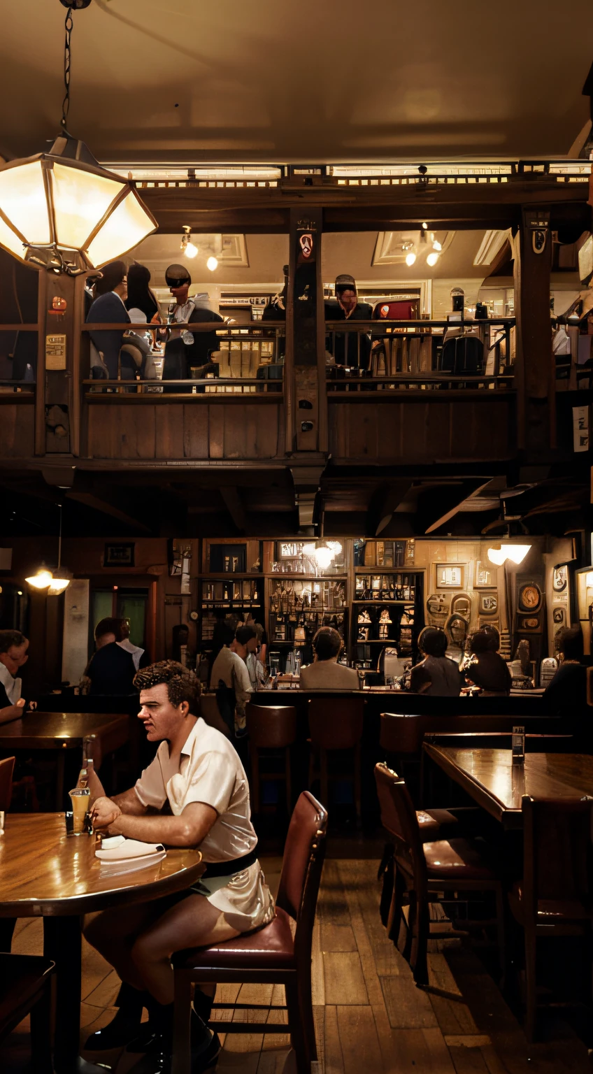 Hyper-realistic, detailed image of an indoor pub in the 1980s, with panoramic view of the tables, movement of persons, tables occupied and a waiter with a tray serving customers. friendly environment photo with realistic night light