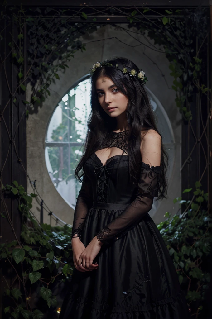 (a girl with) dark, mesmerizing eyes, (wearing) a flowing black dress, (standing) in a moonlit garden, (surrounded by) blooming black roses and vines, (with) delicate spiderwebs glistening in the moonlight, (emitting) an aura of mystery and enchantment, (medium: oil painting)