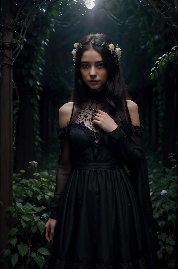 (a girl with) dark, mesmerizing eyes, (wearing) a flowing black dress, (standing) in a moonlit garden, (surrounded by) blooming black roses and vines, (with) delicate spiderwebs glistening in the moonlight, (emitting) an aura of mystery and enchantment, (medium: oil painting)