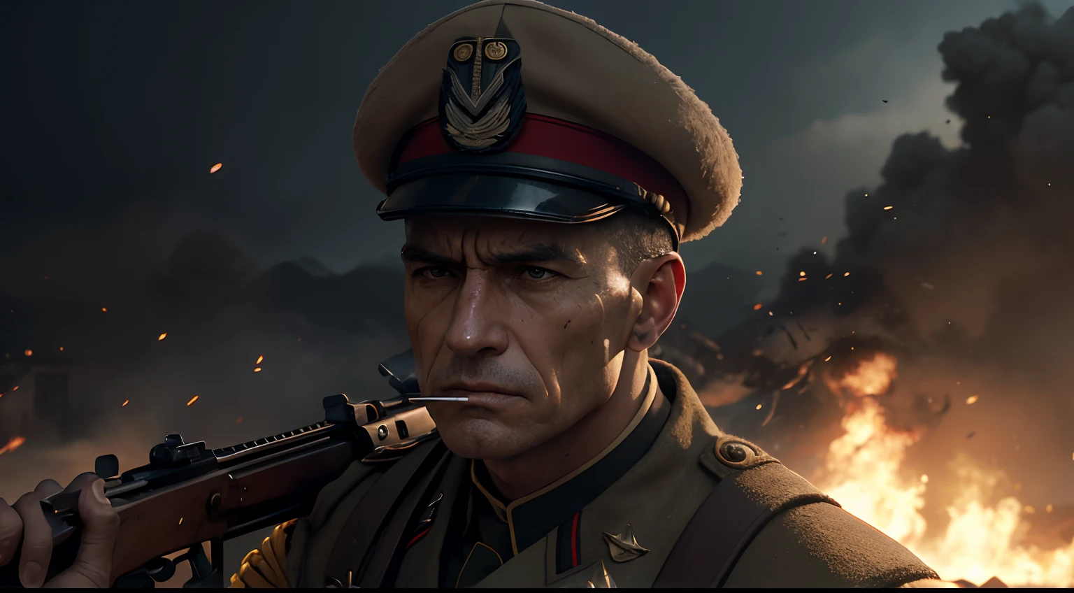 highres,realistic,portrait,soldier,Papal States,World War II,military uniform,rifle,battlefield,fierce expression,strong determination,dark background,dusty terrain,smoke and explosions,fighting for freedom and justice,vivid colors,war-torn landscape,extreme detail description,physically-based rendering,studio lighting