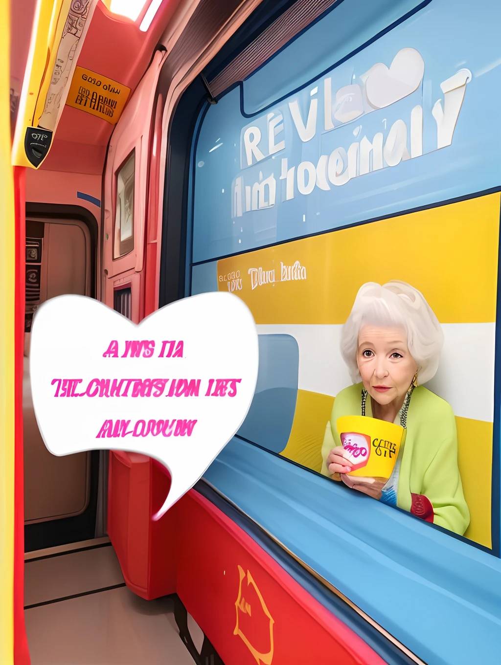 Crie um personagem no estilo Disney Pixar.
The character is a 90 year old lady, with white and medium hair. com um metro e meio de altura, tomando um copo com agua, She is in a pink room and has a yellow banner written with the phrase "Residencial La Vita" in Green with red hearts around.