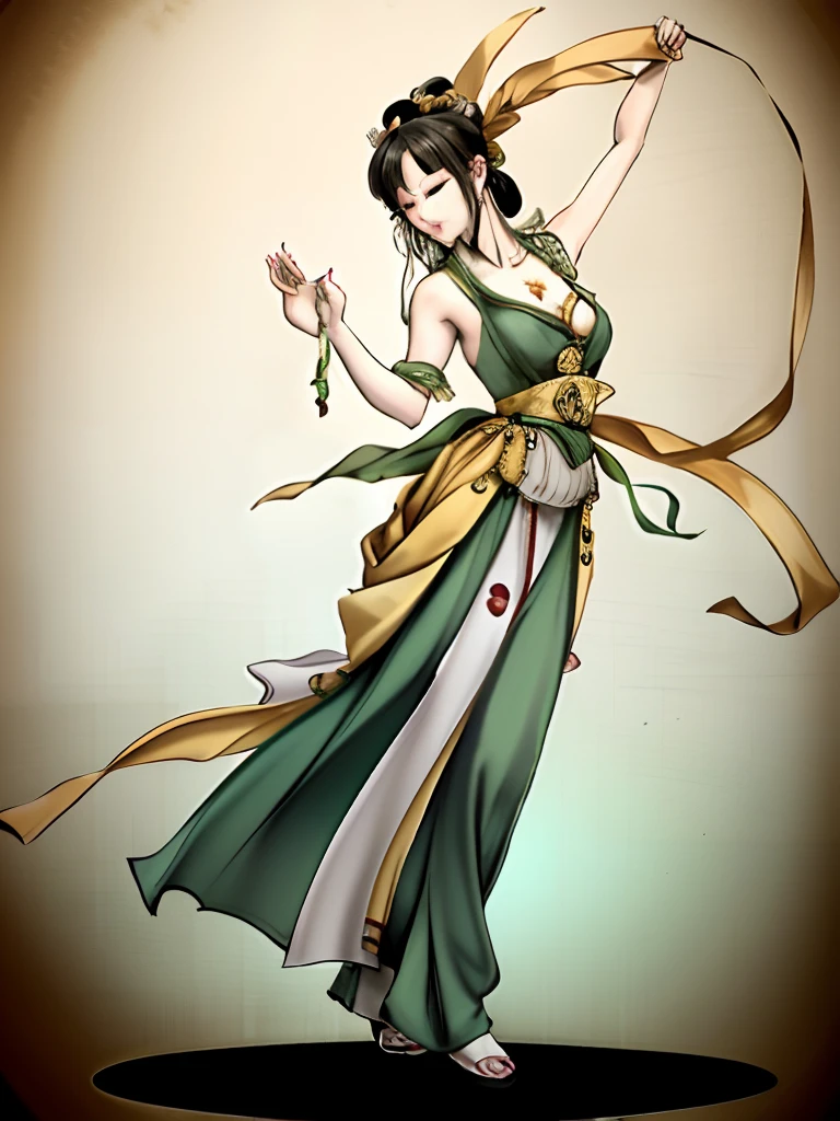 A woman in a green and yellow dress is dancing with a long ribbon, an ancient Chinese goddess, guanyin of the southern seas, Inspired by Lanying, Inspired by Ji Yunfei, Avalokitesvara, standing gracefully upon a lotus, chinese ribbon dance, Inspired by Qiu Ying, A beautiful artistic illustration, ancient china art style, Inspired by Zhu Lian