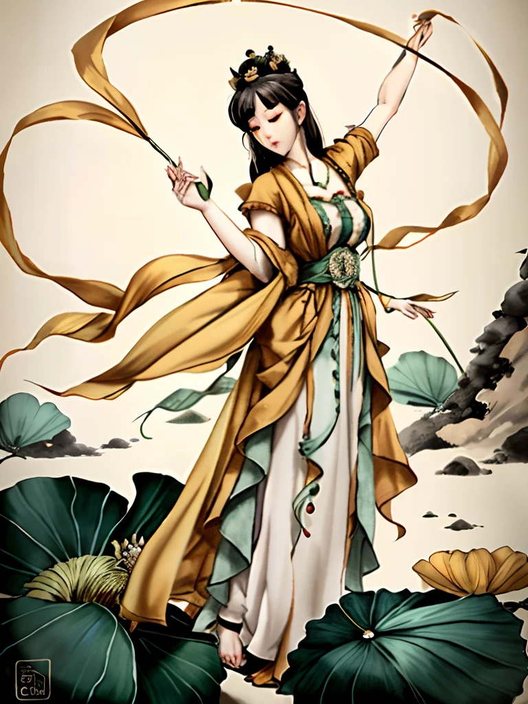 A woman in a green and yellow dress is flying with long ribbons, Flying，ancient chinese goddess, guanyin of the southern seas, Inspired by Lan Ying, Inspired by Ji Yunfei, Avalokitesvara, standing gracefully upon a lotus, chinese ribbon dance, Inspired by Qiu Ying, A beautiful artistic illustration, ancient china art style, Inspired by Zhu Lian