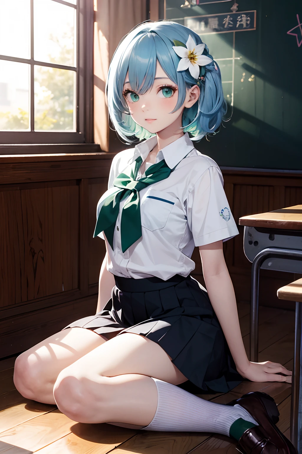 masterpiece, best quality, bishoujo, hair over shoulder, light blue hair, green eyes, school uniform, socks, hair flower,