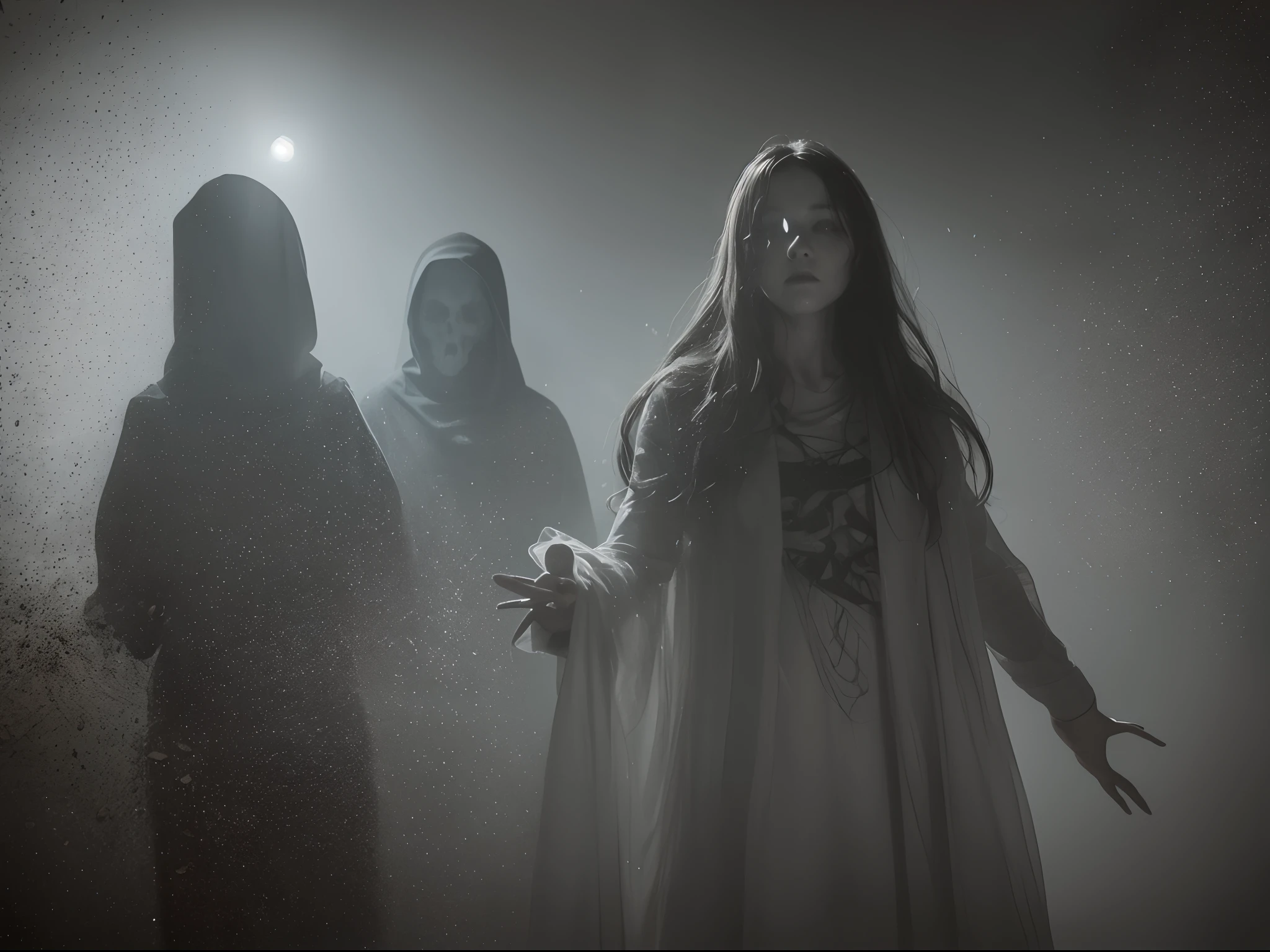 (best quality,4k,8k,highres,masterpiece:1.2),ultra-detailed,(realistic,photorealistic,photo-realistic:1.37),horror,ghost,ghostly figure,translucent apparition,dark shadow,haunting presence,ethereal entity,trembling in fear,white flowing gown,floating above the ground,pale and ghastly face,red glowing eyes,spectral hands outstretched,spooky atmosphere,dimly lit room,creepy sensation,sudden chill,gripped by terror,horror movie scene,paranormal activity,unsettling silence,nightmarish experience,goosebumps-inducing,rustling curtains,haunted house,terrifying encounter,heart pounding,shrieking whispers,bone-chilling,macabre aura,spine-tingling,otherworldly presence,supernatural phenomenon,dreadful mystery,scary ambiance,terrifying apparition,unsettling succession of events,petrified with fear,hauntingly beautiful.