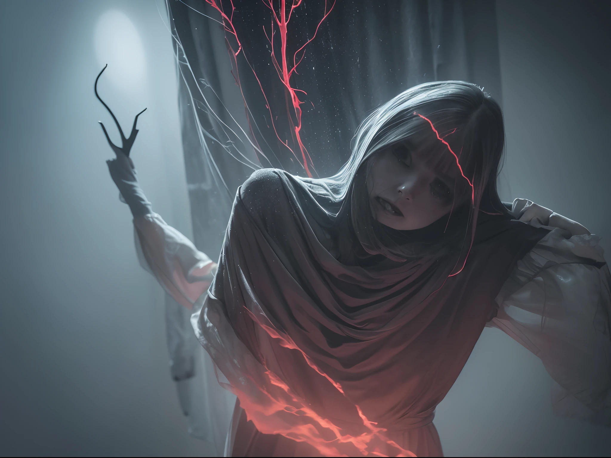 (best quality,4k,8k,highres,masterpiece:1.2),ultra-detailed,(realistic,photorealistic,photo-realistic:1.37),horror,ghost,ghostly figure,translucent apparition,dark shadow,haunting presence,ethereal entity,trembling in fear,white flowing gown,floating above the ground,pale and ghastly face,red glowing eyes,spectral hands outstretched,spooky atmosphere,dimly lit room,creepy sensation,sudden chill,gripped by terror,horror movie scene,paranormal activity,unsettling silence,nightmarish experience,goosebumps-inducing,rustling curtains,haunted house,terrifying encounter,heart pounding,shrieking whispers,bone-chilling,macabre aura,spine-tingling,otherworldly presence,supernatural phenomenon,dreadful mystery,scary ambiance,terrifying apparition,unsettling succession of events,petrified with fear,hauntingly beautiful.