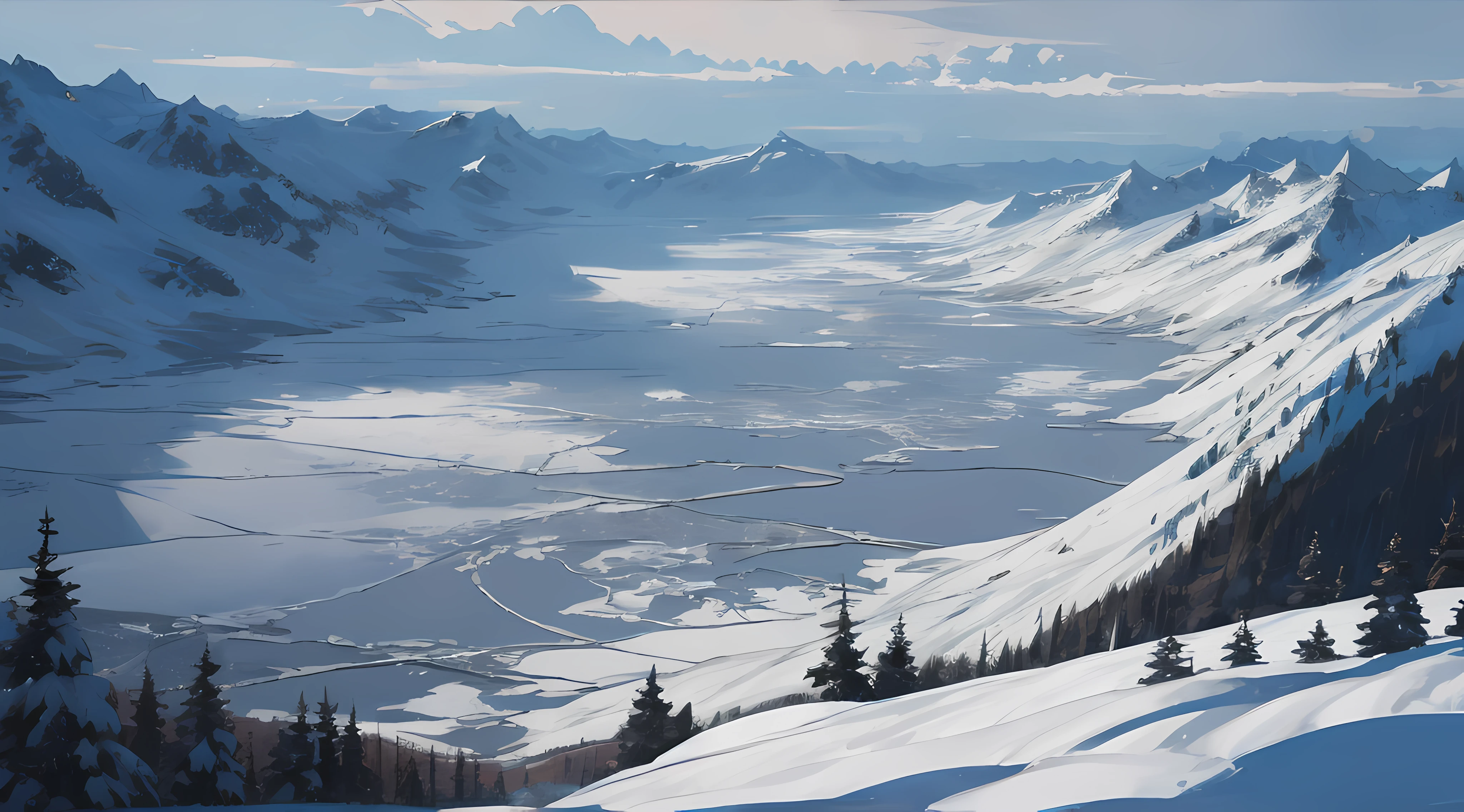 beast quality, winter, heavy snow, snow plains, small lake in the background, distant view, amazing scenery, amazing visuals, beautiful anime artwork, ultrasharp, masterpiece, high res, 8k