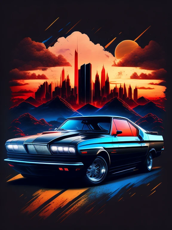 "carro, Skyline exuberante da cidade, Design de camiseta embelezada, No meio da viagem, Vetor de arte vibrante, hidro74"