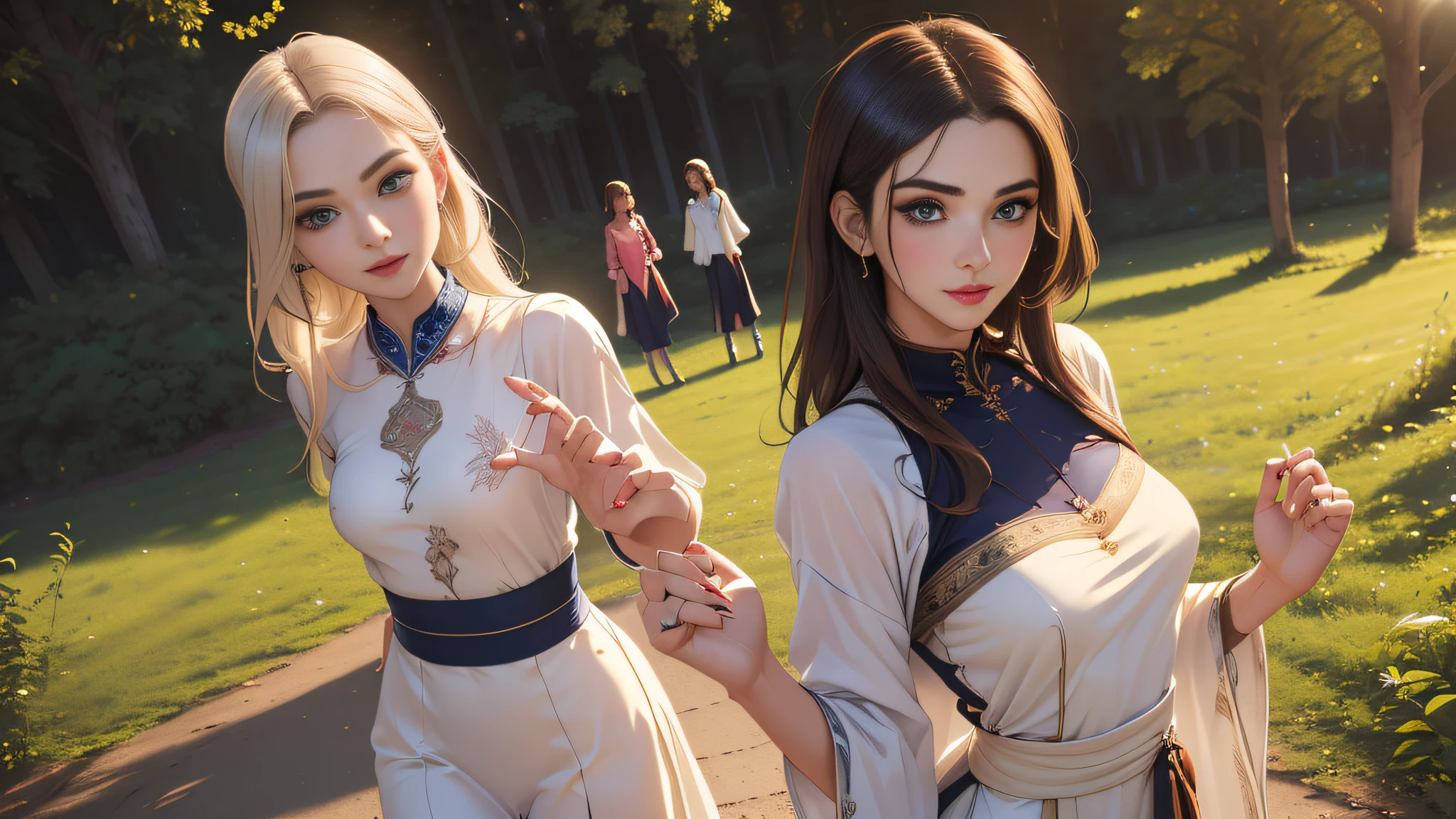 sfw, (Extremely detailed 8k wallpaper:2), (photo:2), (soigne Beautiful girl:2), (gives a lecture to friends:2), detailed (Face and eyes), (hyper realistic:1), (highly detailed:1), (epic realistic:1), rim light, (maximum details:1), cozy, (fullbody:1.3), (looking at viewer:2.0), (Woman's Attractive Qualities:2), (Attractive Woman:2), (Attractive:2), Smile, Empathy, Gracefulness, Grooming, (Sensitivity:2), Sincerity, Romantic Gestures, Playfulness, (Sensuality:2), Charm, (Femininity:1), Flirtatiousness, Warmth, (Physical attractiveness:2), A beautiful smile, A love of life, strength and power, (nature background:2), kawaii, waifu, Beautiful breasts, (attractive body:2), (Beautiful body:2), Beautiful pose, attractive pose, (Beautiful legs:1.0), (Beautiful clothes:1), (classic clothes:2), (elegant clothes:2), (European clothes:2), detailed clothes, (skirt:1), (blouse:1), (provocative pose), (Beautiful hands:1.5), (detailed hands:1.5)
