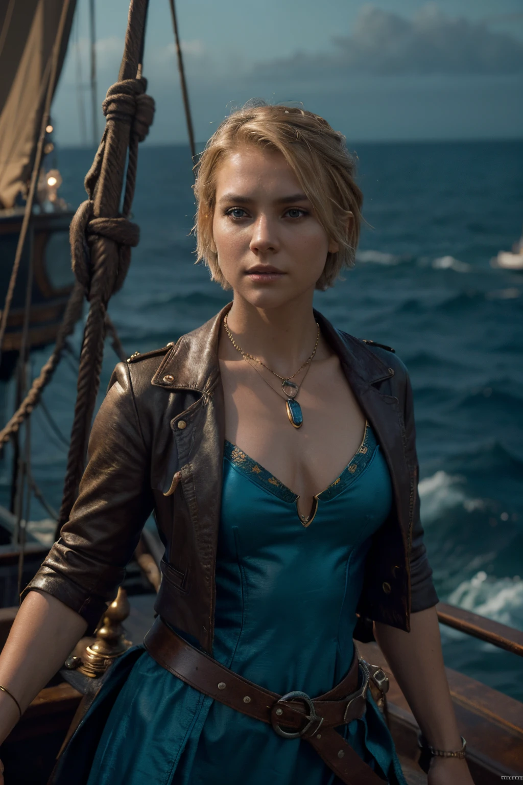 A movie poster of a Pirate Captain, a little woman with short blonde hair on a pirate ship
, a little woman with short blond hair, (short hair), Wearing a blue leather pirate outfit, golden jewels, golden necklace, (mesterpiece, wallpaper), fantasy, cinematic, sea, pirate ship, dynamic pose, ((light bokeh)), intricate, (steel metal [rust]), fantasy, sharp focus, photo by greg rutkowski, soft lighting, vibrant colors, (masterpiece), ((sea)), (detailed face:1.2), (glowing dark brown eyes:1.1)Movie Still, dynamic shot