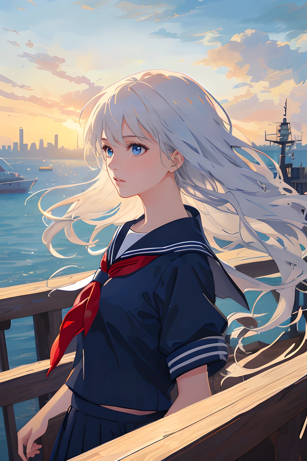 (masterpiece, best quality: 1.4), (1girl), long straight white hair, blue eyes, detailed face, sailor uniform, detailed clothing, combat pose, gust of wind, vivid colors, highest resolution, wallpaper, professional illustration, (realistic:1.2), intricate, highly detailed, landscape, dramatic lighting, cityscape view from harbor, daylight summertime
