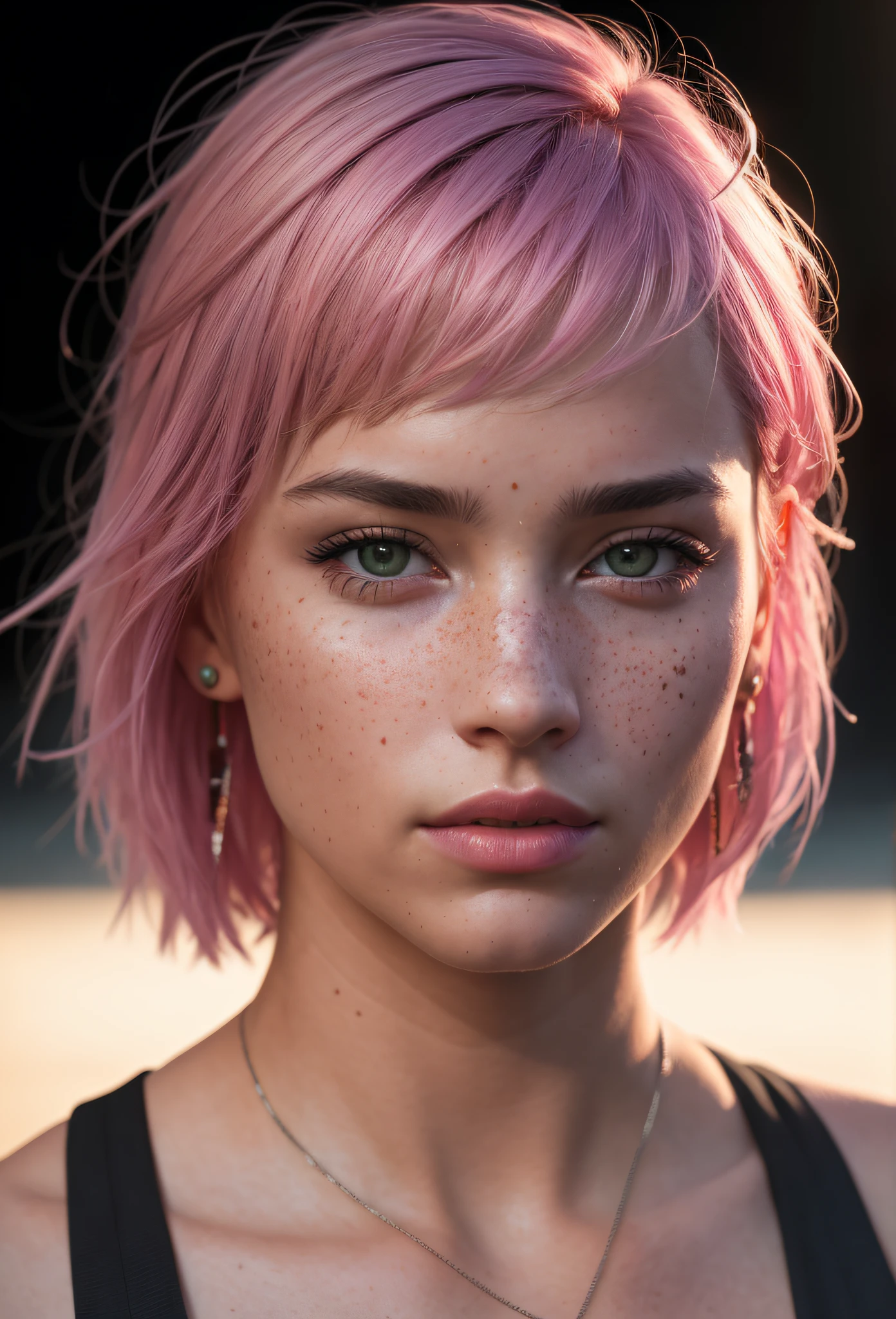 women, close up, side portrait, the ear is good to see ansd in the center of picture, asymmetrical bangs, bandaid, short hair, bangs, freckles, grey eyes, looking at viewer, neck tattoo, pink hair, ends of hair are darker pink, solo, photorealistic, photo, masterpiece, realistic, realism, photorealism, high contrast, photorealistic digital art trending on Artstation 8k HD high definition detailed realistic, detailed, skin texture, hyper detailed, realistic skin texture, best quality, ultra high res, (photorealistic:1.4),, high resolution, detailed, raw photo, sharp re, by lee jeffries nikon d850 film stock photograph 4 kodak portra 400 camera f1.6 lens rich colors hyper realistic lifelike texture dramatic lighting unrealengine trending on artstation cinestill 800,