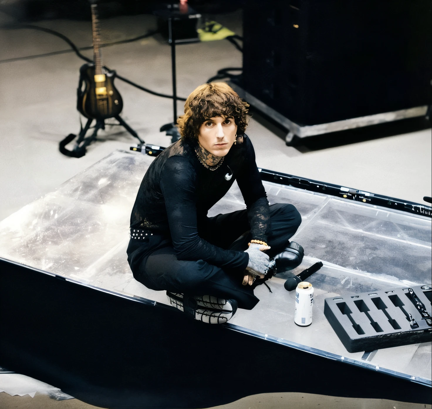 a man sits on stage with a guitar, kneeling by the shiny floor, Temples, Christian, eddie, Promo Still, Hedy Slimane, exclusive, Tiffany Dover, Zac Retz, photoshooting, promo image, Overnight Installation, Elliot Alderson, Sitting on a plastic throne, Michael, Promo shot, Ville Valo, Stephen Klein