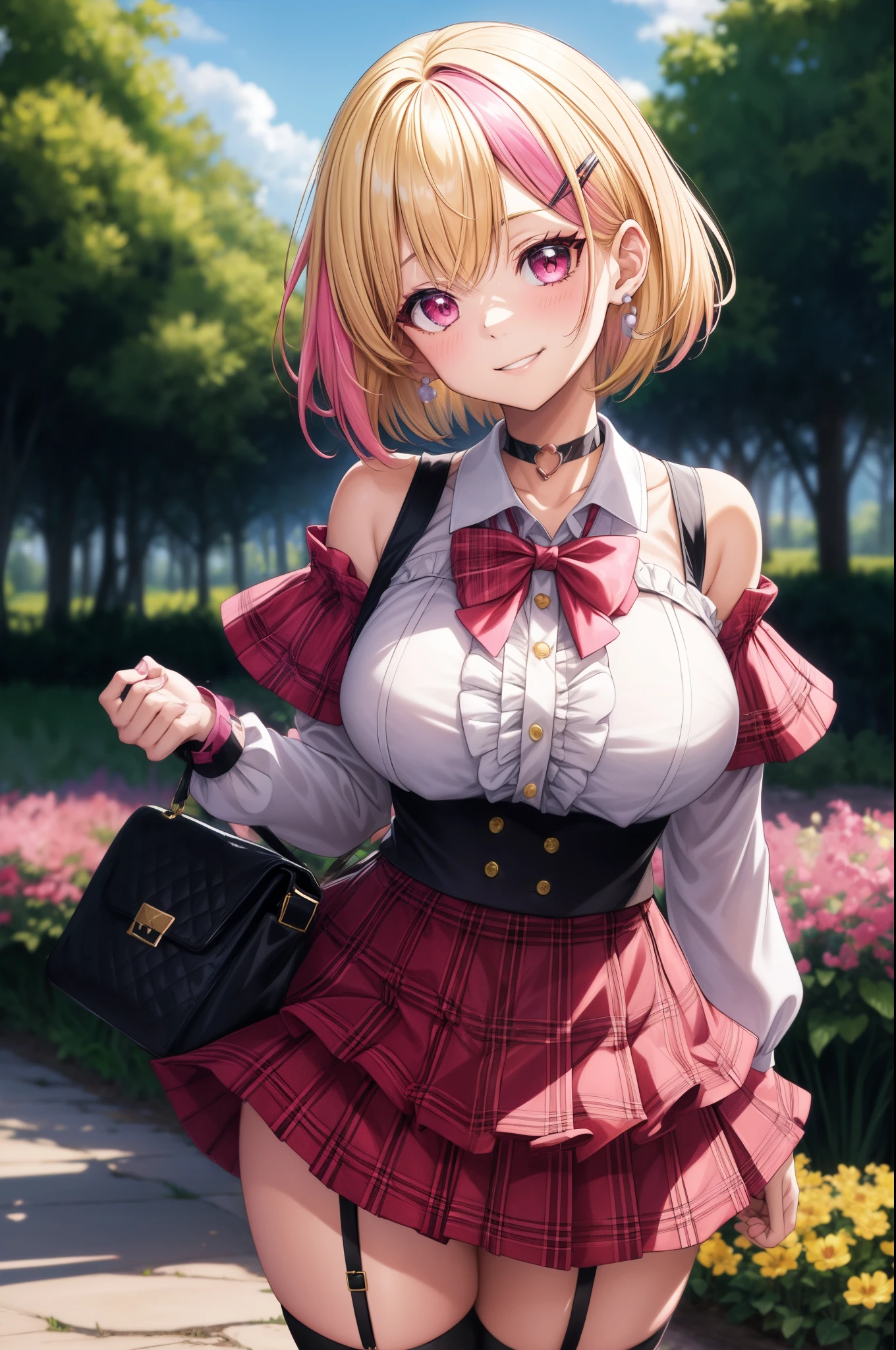 1girl, solo, blonde hair, scene hair, hair clips, pink streaks, streaky hair, short hair, off shoulder shirt, outdoors, flower field, forest, beautiful sky, plants, jirai kei, bare shoulder, microskirt, plaid skirt, garter belt, earrings, thick lips, pink eyes, layered hair, huge breasts, long sleeves, thick thighs, (anime:1.2), blunt bang, eye makeup, choker, bowtie, standing, handbag, pearl earrings, cowboy shot, head tilt, smile,