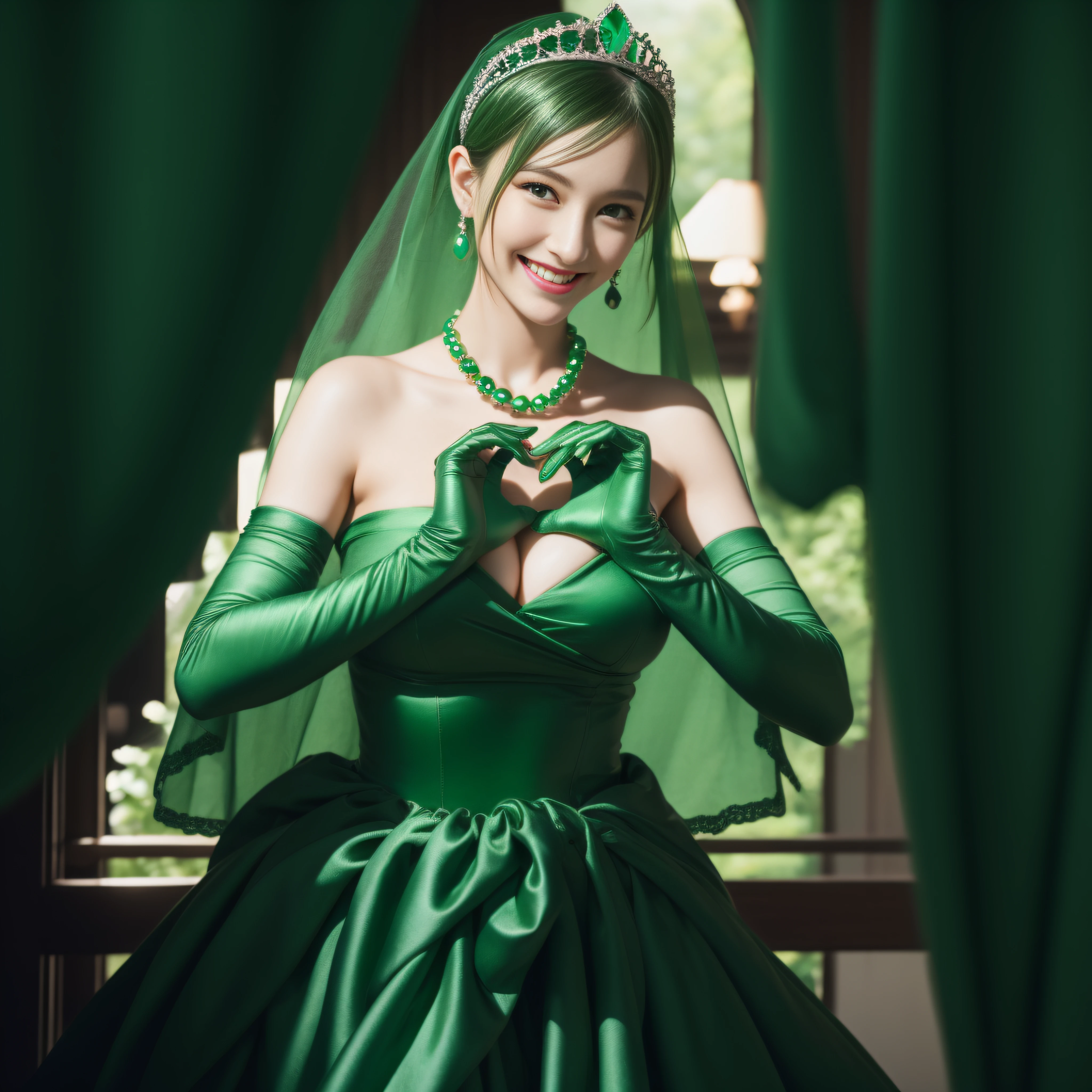 emerald tiara, Green Pearl Necklace, Boyish very short green hair, lipsticks, Japan woman smiling, very short short hair,  big breasts beautiful, Green eyes, Long green gloves made of satin material, Green eyes, Emerald Earrings, green vale, Heart with both hands