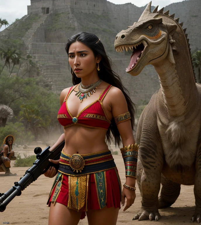 Foto RAW, alta calidad, frame from an ancient Aztec action movie, magnificent dream luxury, Impresionantes fuerzas especiales de chicas usando un rifle en una escena de lucha, (mujer detallada) traje azteca, fondo borroso, Dichen_Lachman, dinosaurios rex
