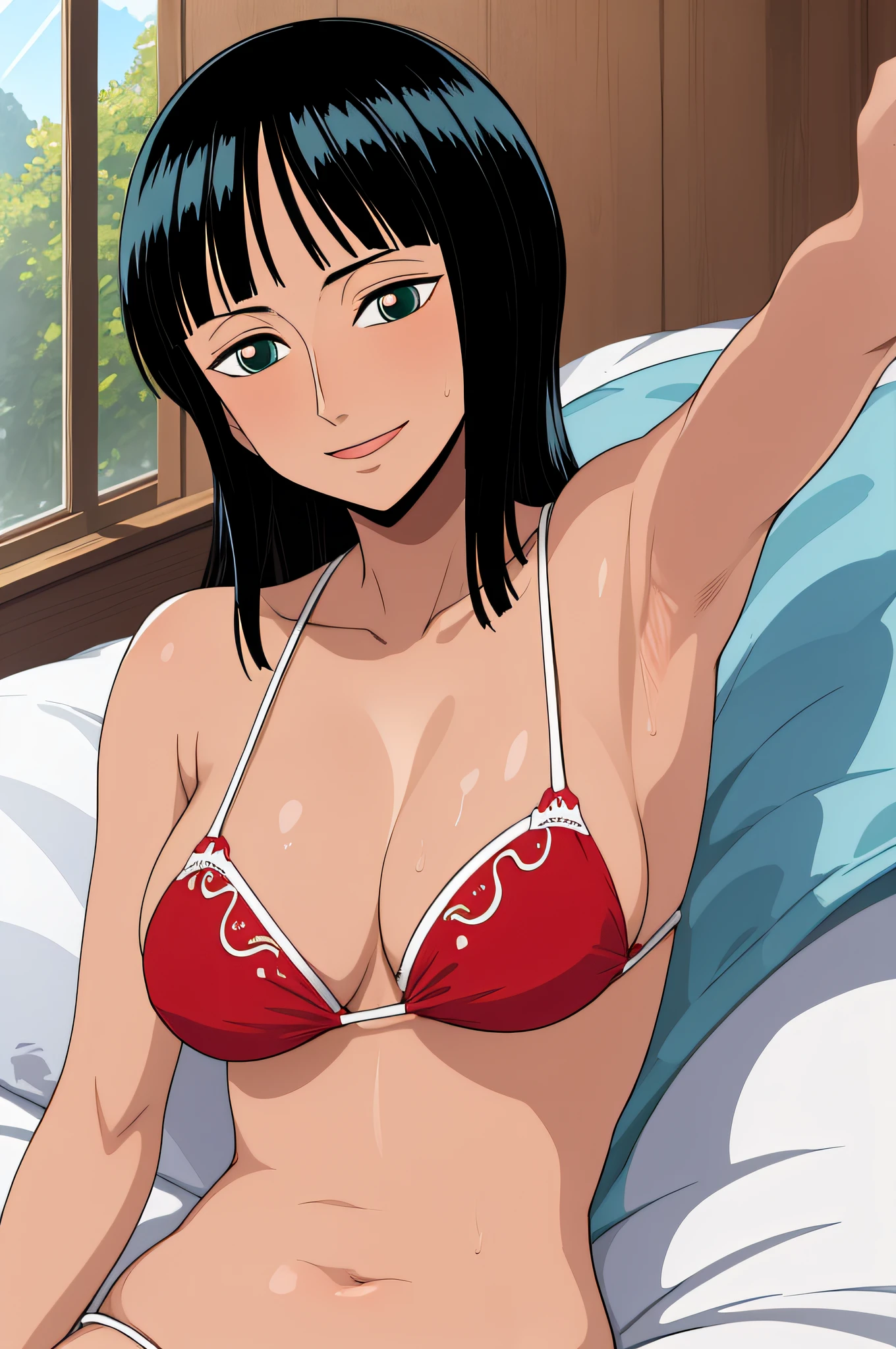 (masterpiece),best quality,Amazing,finely detail.Depth of field,beautiful detailed eyes, nico robin, 1girl,mature female,happy,light smile,, red bikini, house, armpits, bed, wet