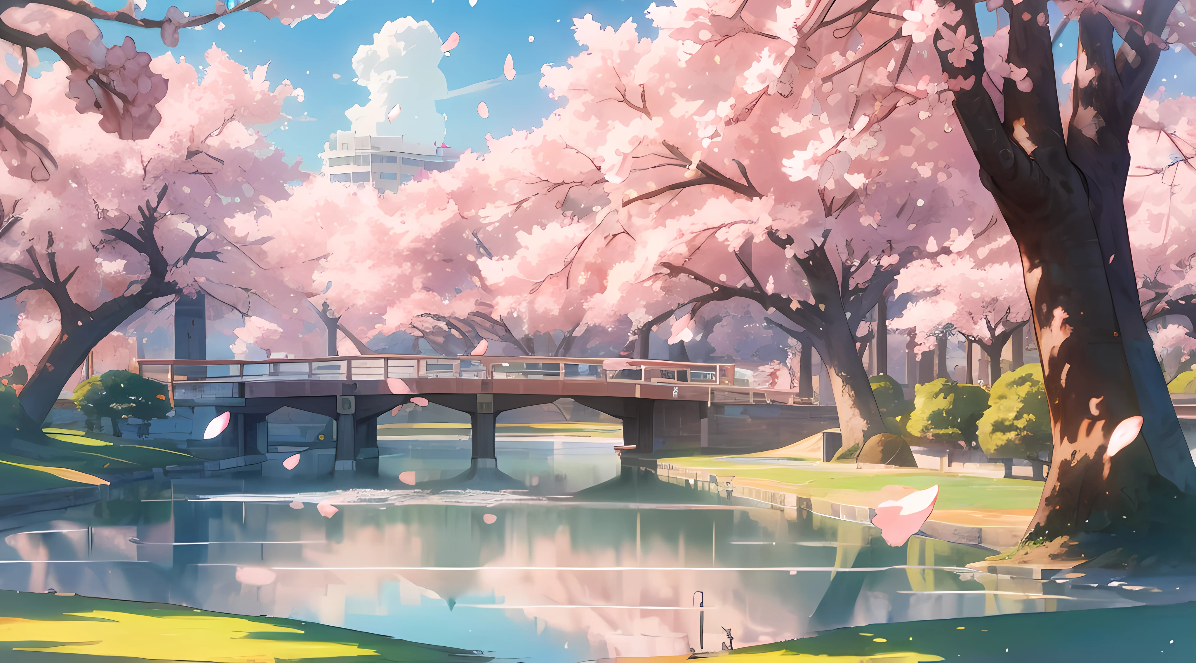best quality, small lake in a city, sakura trees, sakura petals, buildings in the background, distant view, colorful anime artwork, beautiful sky, beautiful sunlight, amazing scenery, amazing visuals, beautiful anime artwork, ultrasharp, masterpiece, high res, 8k