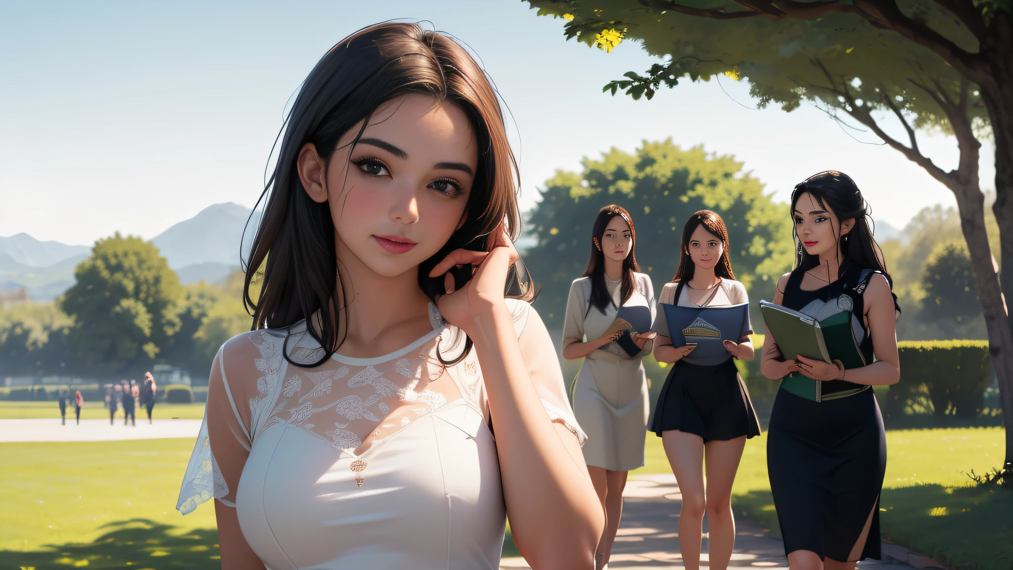 (Extremely detailed 8k wallpaper:2), (photo:2), (26 years old soigne Beautiful girl:2), (gives a lecture to friends:2), detailed (Face and eyes), (hyper realistic:1), (highly detailed:1), (epic realistic:1), rim light, (maximum details:1), cozy, (fullbody:1.3), (looking at viewer:2), (Woman's Attractive Qualities:2), (Attractive Woman:2), (Attractive:2), Smile, Intelligence, Empathy, Gracefulness, Sense of Style, Fitness, Grooming, Optimism, (Sensitivity:2), Sincerity, Romantic Gestures, Playfulness, Fashion Sense, (Sensuality:2), Charm, Modesty, Thoughtfulness, (Femininity:1), Flirtatiousness, Warmth, (Physical attractiveness:2), A beautiful smile, A love of life, strength and power, vulnerability, curiosity, wonder, love, (nature background:2), kawaii, waifu, Beautiful breasts, (attractive body:2), (Beautiful body:2), Beautiful pose, attractive pose, (Beautiful legs:1.0), (Beautiful clothes:1), (classic clothes:2), (elegant clothes:2), (European clothes:2), detailed clothes, (skirt:1), (blouse:1), (provocative pose)
