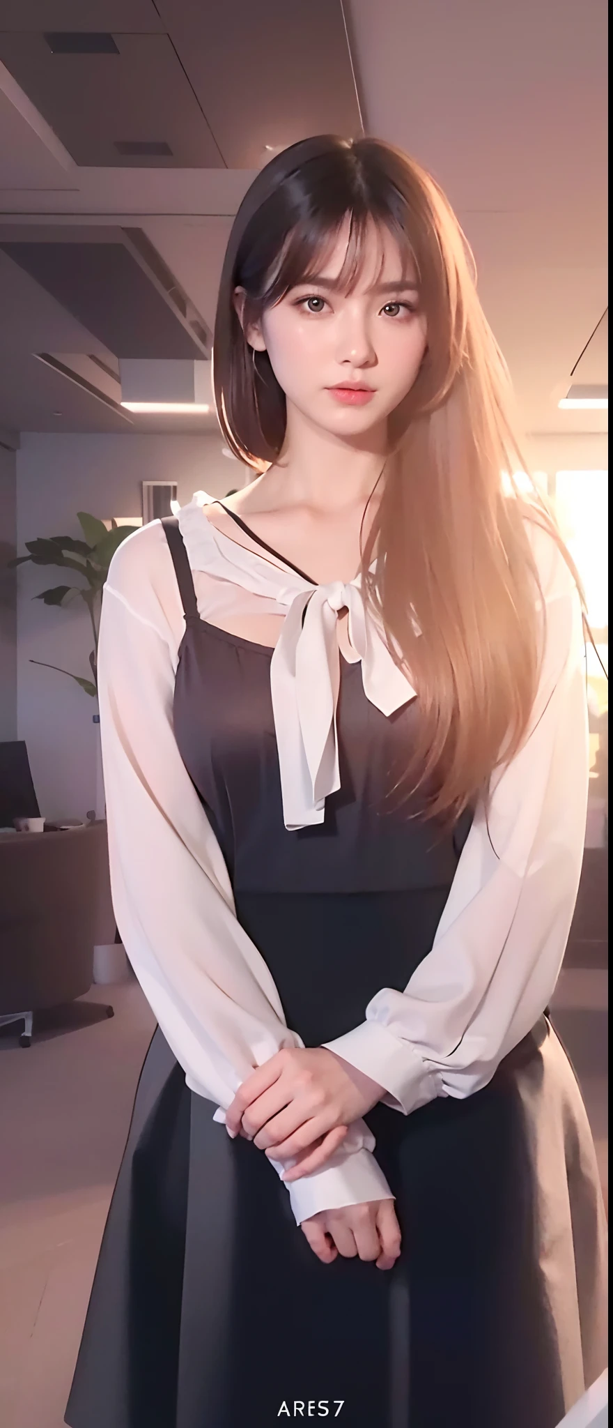 face is :9,666349256], (Elite secretary of the upper class in light underwear), Sitting in a chair and working in the office、 (Wearing pantyhose)、(Short Layer Hair)、crossed legs, Wear high-end high heels、 (thighhighs and skirt), Shirt secretary, businesswoman,  Wear shirts and skirts, Business attire, business outfit, Raw photo, (8K、top-quality、​masterpiece:1.2)、(intricate detailes:1.4)、(Photorealsitic:1.4)、octane renderings、Complex 3D rendering ultra detail, Studio Soft Light, Rim Lights, vibrant detail, super detailing, realistic skin textures, Detail Face, Beautiful detail eyes, Very detailed CG Unity 16k wallpaper, make - up, (detailedbackground:1.2), Exposed thighs!!!,