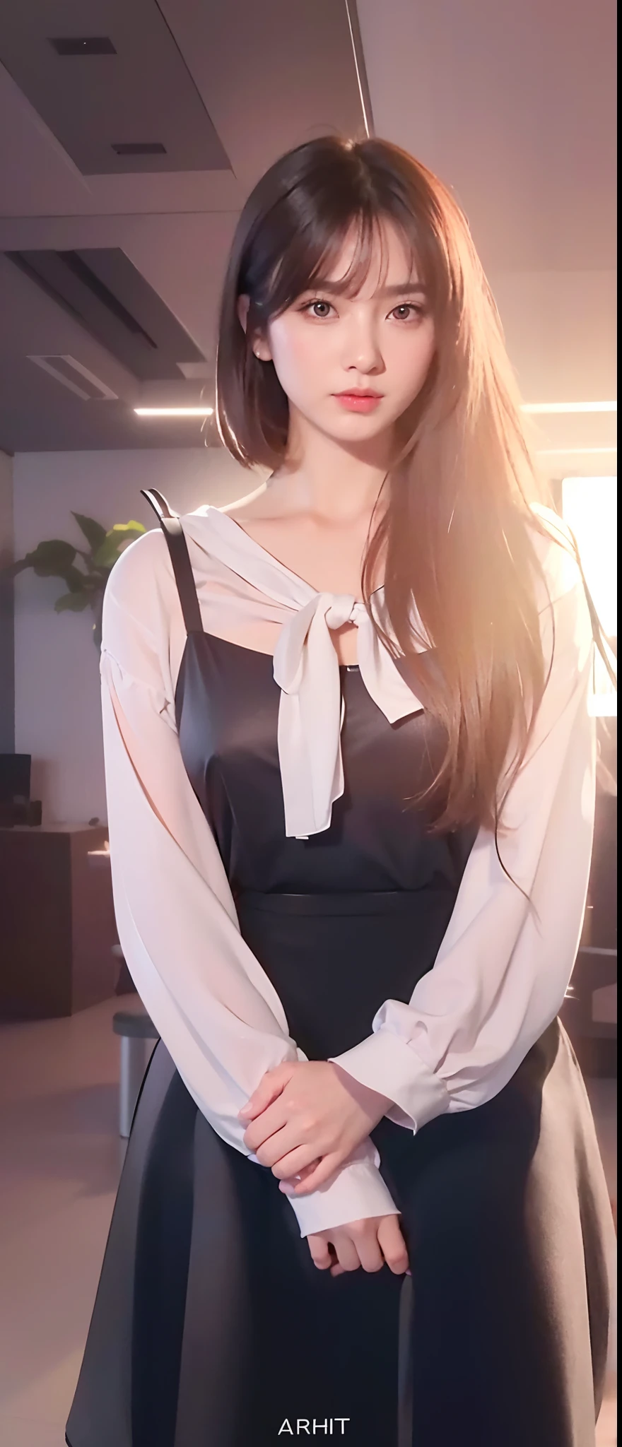 face is :9,666349256], (Elite secretary of the upper class in light underwear), Sitting in a chair and working in the office、 (Wearing pantyhose)、(Short Layer Hair)、crossed legs, Wear high-end high heels、 (thighhighs and skirt), Shirt secretary, businesswoman,  Wear shirts and skirts, Business attire, business outfit, Raw photo, (8K、top-quality、​masterpiece:1.2)、(intricate detailes:1.4)、(Photorealsitic:1.4)、octane renderings、Complex 3D rendering ultra detail, Studio Soft Light, Rim Lights, vibrant detail, super detailing, realistic skin textures, Detail Face, Beautiful detail eyes, Very detailed CG Unity 16k wallpaper, make - up, (detailedbackground:1.2), Exposed thighs!!!,