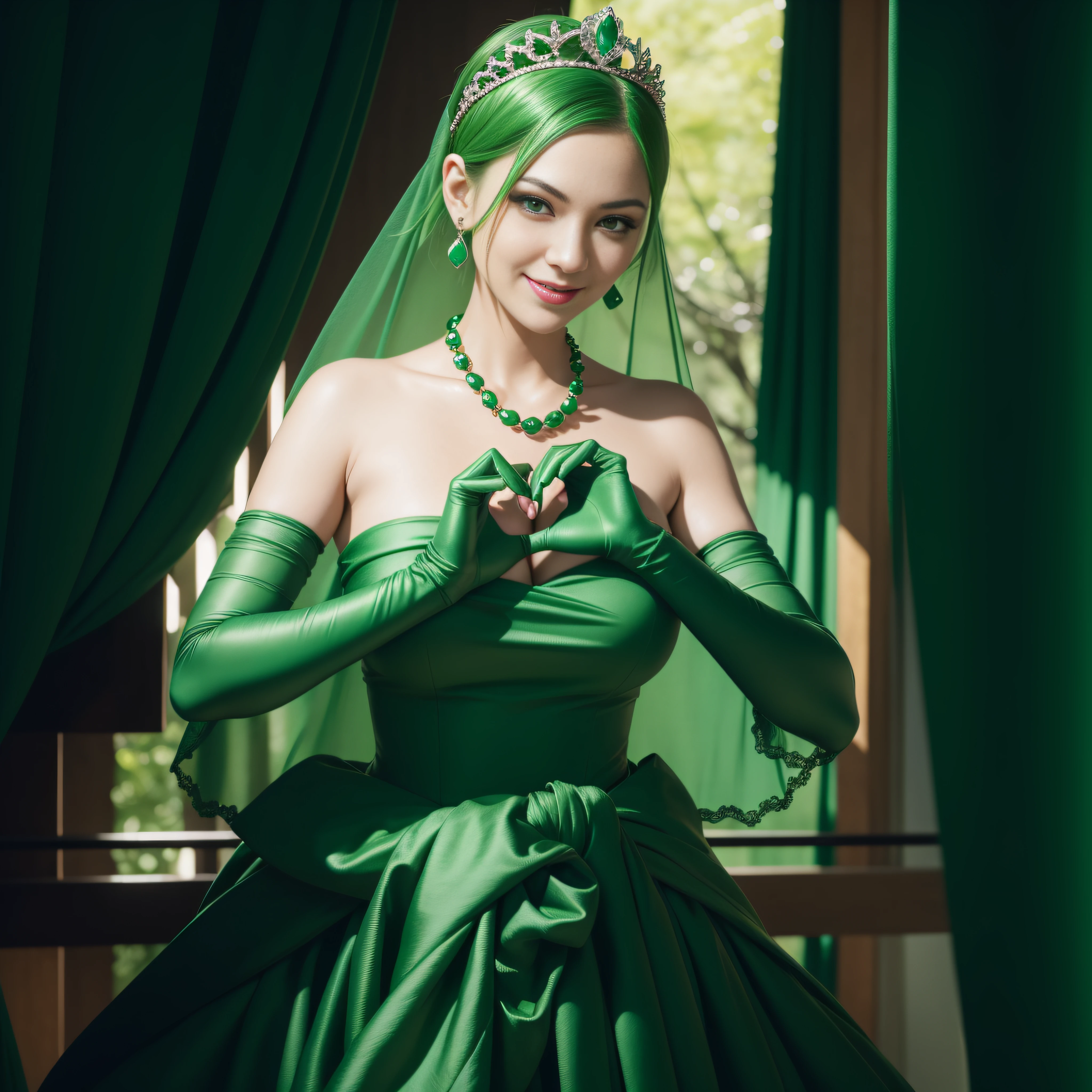 Emerald Tiara, Green Pearl Necklace, boyish very short green hair, Green Lips, Smiling Japanese woman, Very short hair, Beautiful woman with big breasts, Green Eyes, Green satin long gloves, Green Eyes, Emerald Earrings, Green Vale, Heart with both hands, Green Hair, Beautiful Japanese Women, Heart shaped hands:1.3, green lip gloss