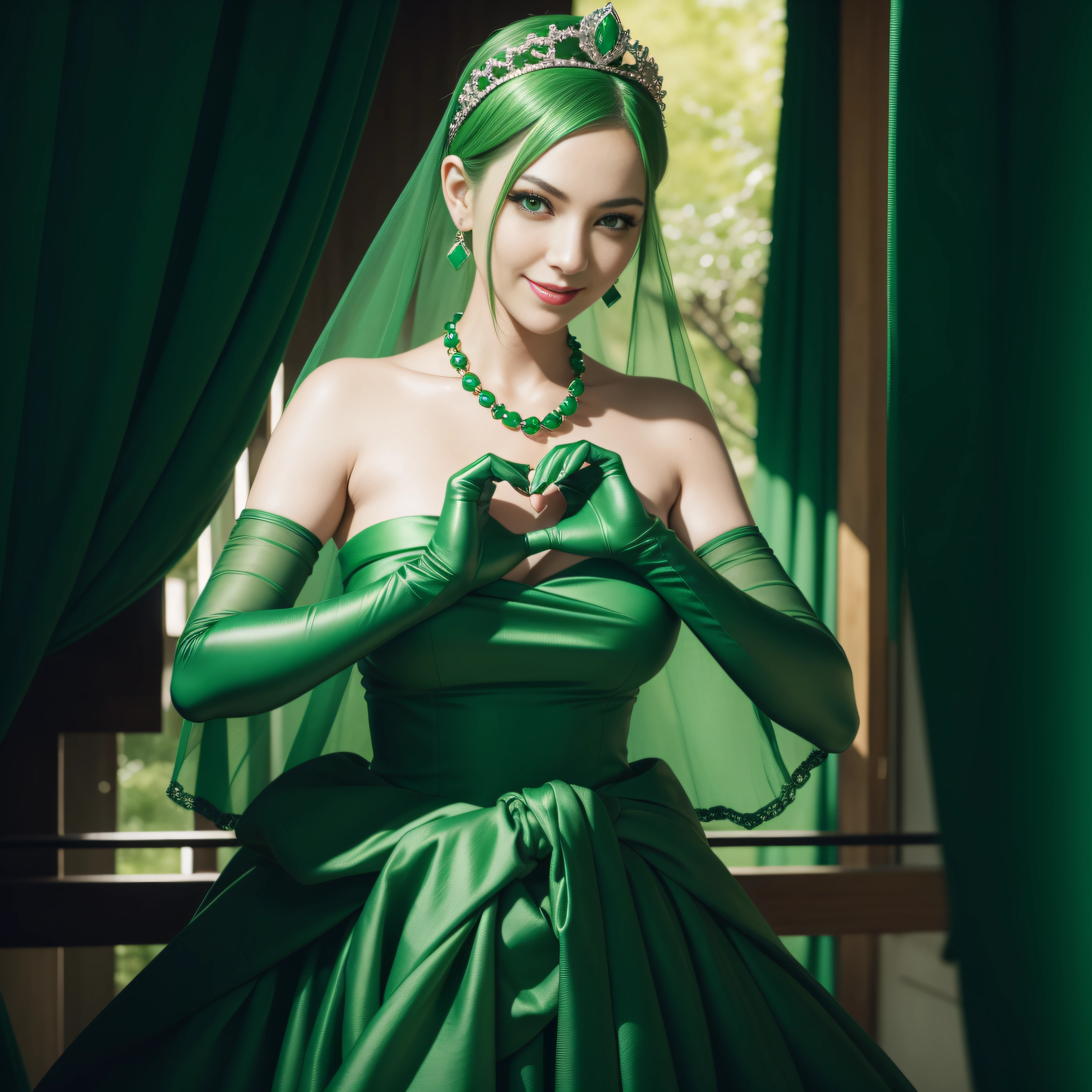emerald tiara, Green Pearl Necklace, Boyish very short green hair, lipsticks, Japan woman smiling, very short short hair, big breasts beautiful, Green eyes, Long green gloves made of satin material, Green eyes, Emerald Earrings, green vale, Heart with both hands