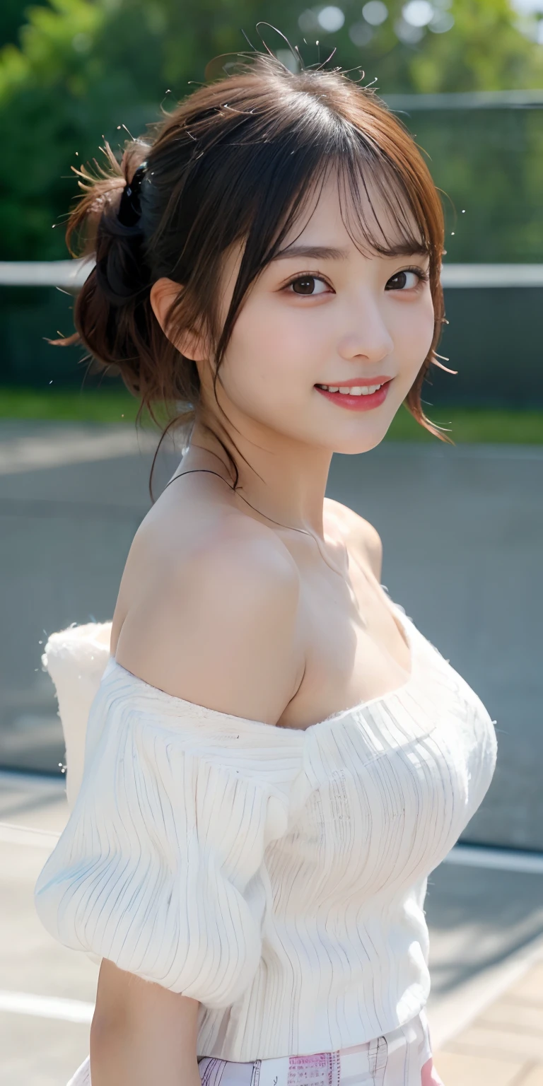 masutepiece, Best Quality,
Ultra-detailed, finely detail, hight resolution, in 8K,
((Photorealsitic:1.4, Raw photography, 超A high resolution,Top image quality: 1.4)),
Wallpaper,
((Perfect whole body configuration1.5)),
Beautiful detailed eyes, Natural Color Lip,
((a serene smile:1.5)),
((Random and cute hairstyles)),
((rather large breasts、You can see the chest:1.2)),
((from the front side:1.5)),
((breastsout、under look eyes、breastsout、Mole on the arm:0.9)),
((Random blurry background)),((the setting sun)),((Put your fingertips to your lips)),
((Random and cute facial expressions)),,
very detailed and professional lighting、
Perfect dynamic composition, Beautiful detailed eyes,((turned around:1.5)), ((White knitwear:1.5))、((long court:1.6)),((micromini skirt:1,5)),((Smile,Harajuku)),((stares at the camera))