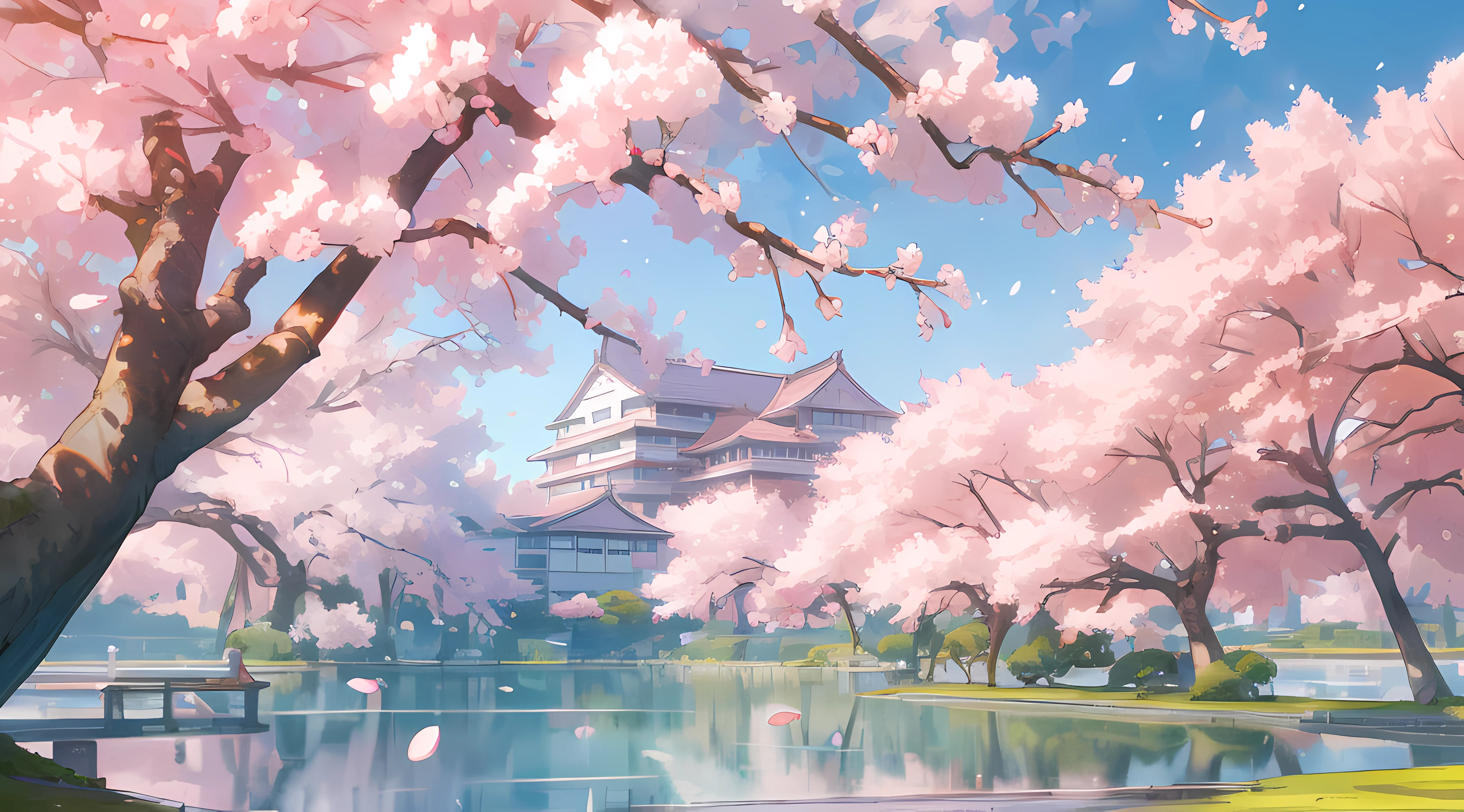 best quality, small lake in a city, sakura trees, sakura petals, buildings in the background, distant view, colorful anime artwork, beautiful sky, beautiful sunlight, amazing scenery, amazing visuals, beautiful anime artwork, ultrasharp, masterpiece, high res, 8k