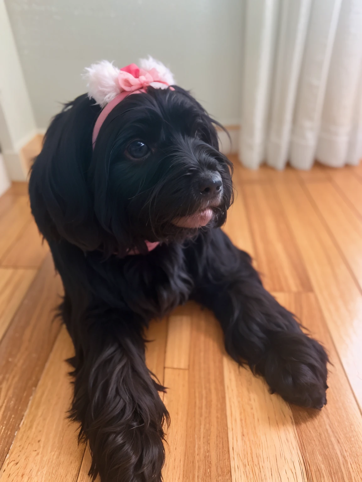 there is a black dog with a pink flower in its hair, wearing a pink head band, havanese dog, a red bow in her hair, wearing pink hair bow, pink headband, wearing a headband, olhando de lado, olhando para o lado, olhando de lado!, Looking away from the camera, looking away from camera, Looking towards the camera