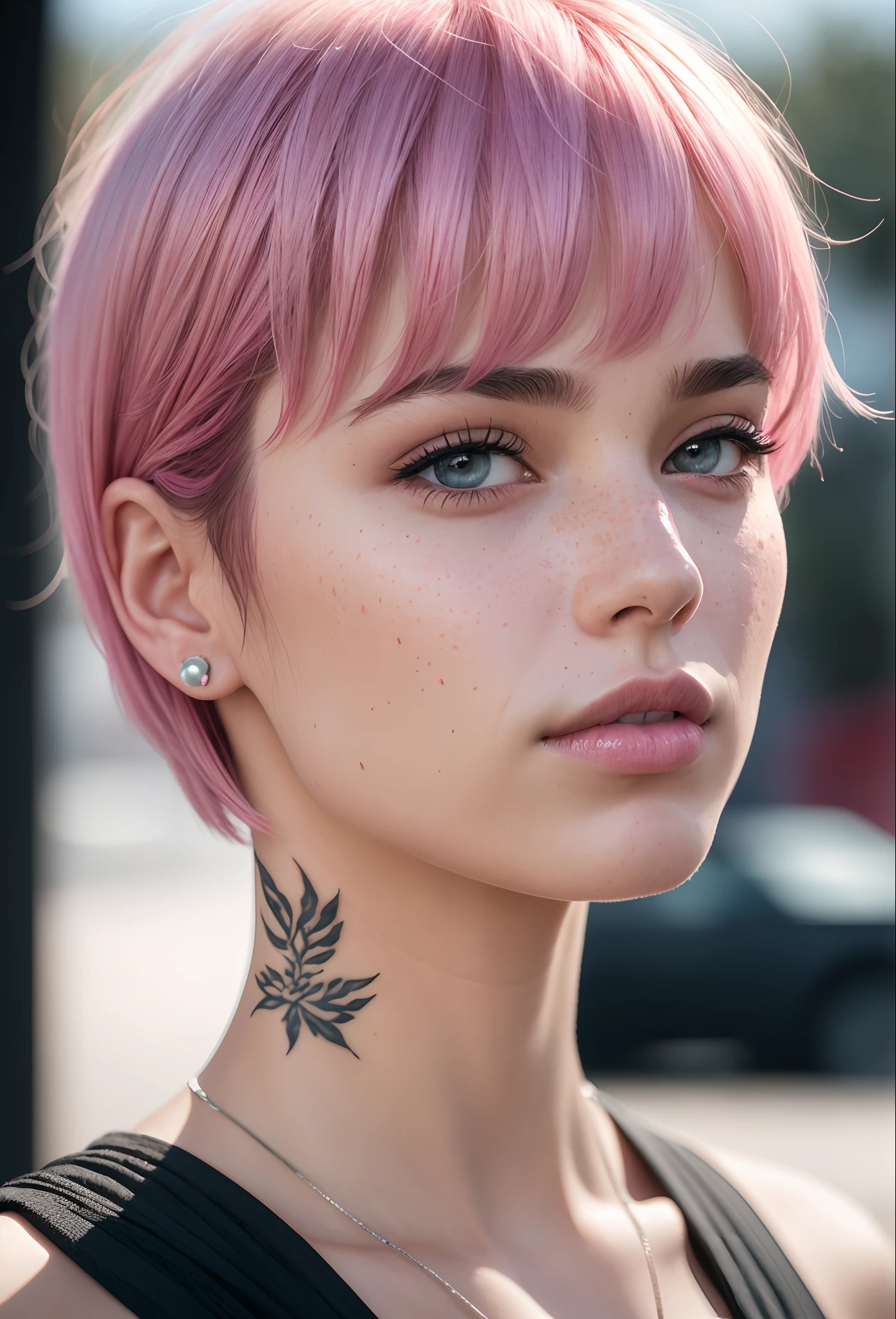 (2 women:1.3), asymmetrical bangs, bandaid, short hair, bangs, freckles, grey eyes,  looking at viewer, neck tattoo,  pink hair, ends of hair are darker pink, solo, photorealistic, photo, masterpiece, realistic, realism, photorealism, high contrast, photorealistic digital art trending on Artstation 8k HD high definition detailed realistic, detailed, skin texture, hyper detailed, realistic skin texture, best quality, ultra high res, (photorealistic:1.4),, high resolution, detailed, raw photo, sharp re, by lee jeffries nikon d850 film stock photograph 4 kodak portra 400 camera f1.6 lens rich colors hyper realistic lifelike texture dramatic lighting unrealengine trending on artstation cinestill 800,
