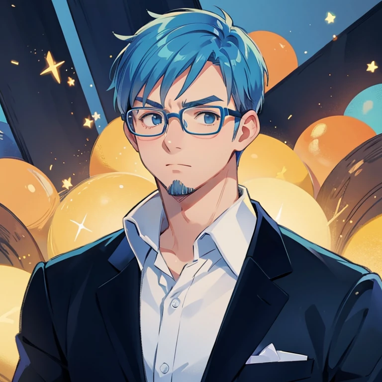 Blue hair, glasses, adult man, cool pose,