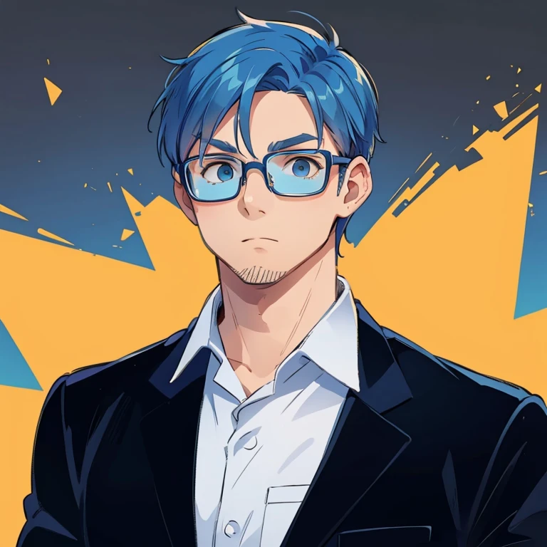 Blue hair, glasses, adult man, cool pose,