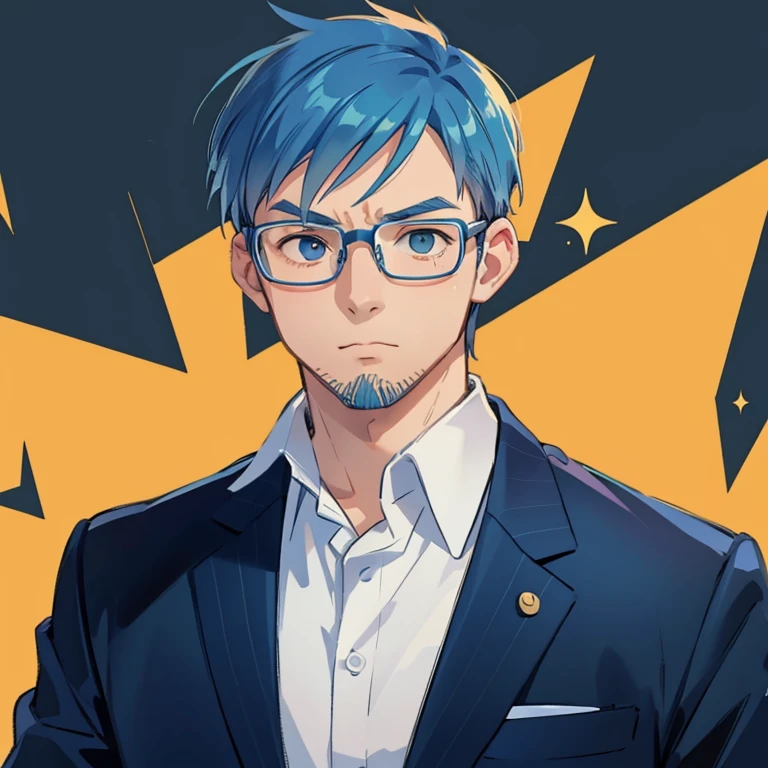 Blue hair, glasses, adult man, cool pose,