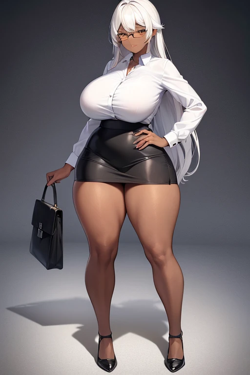 Dark skin, pencil skirt, dark body, teacher, yellow eyes, white hair, mini-skirt, large breasts, breasts, thick thighs, wide hips, glasses, long hair, white shirt, serious, 1girl, (full body), full body