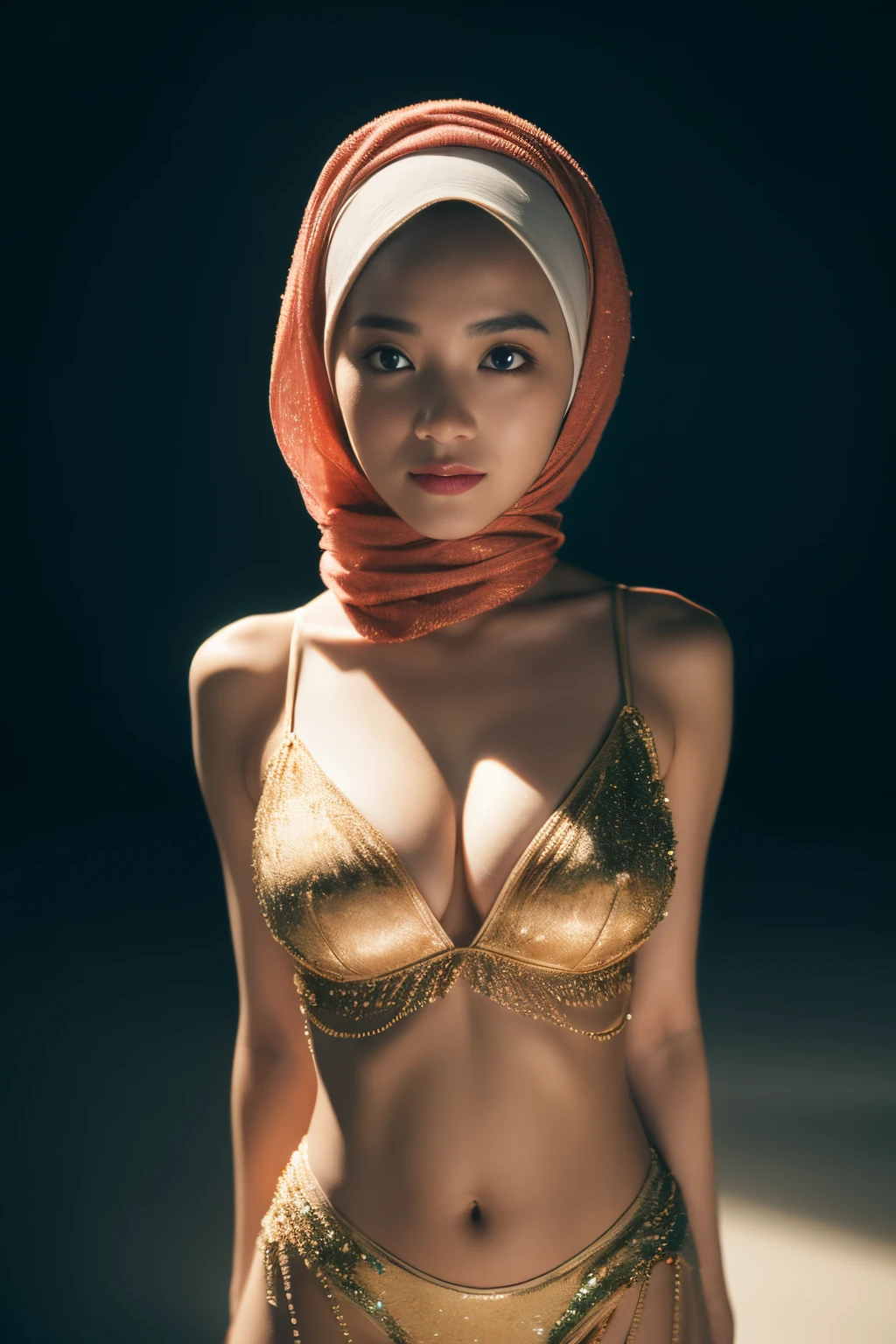 water, bellydancer, javanese, hijabi, cleavage, reflection light, chiaroscuro, depth of field, cinematic lighting, ray tracing, Sony FE GM, UHD, super detail, masterpiece, textured skin, high details, best quality, award winning,3D,hdr(HighDynamicRange),Ray traching,NVIDIA RTX,Hyper-Resolution,Unreal 5,Subsurface scattering、PBR Texture、post-proces、Anisotropy Filtering、depth of fields、maximum definition and sharpness、Many-Layer Textures、Albedo e mapas Speculares、Surface coloring、Accurate simulation octane rendering of light-material interactions、Two-colored light、largeaperture、Low ISO、White balance、the rule of thirds、8K raw data