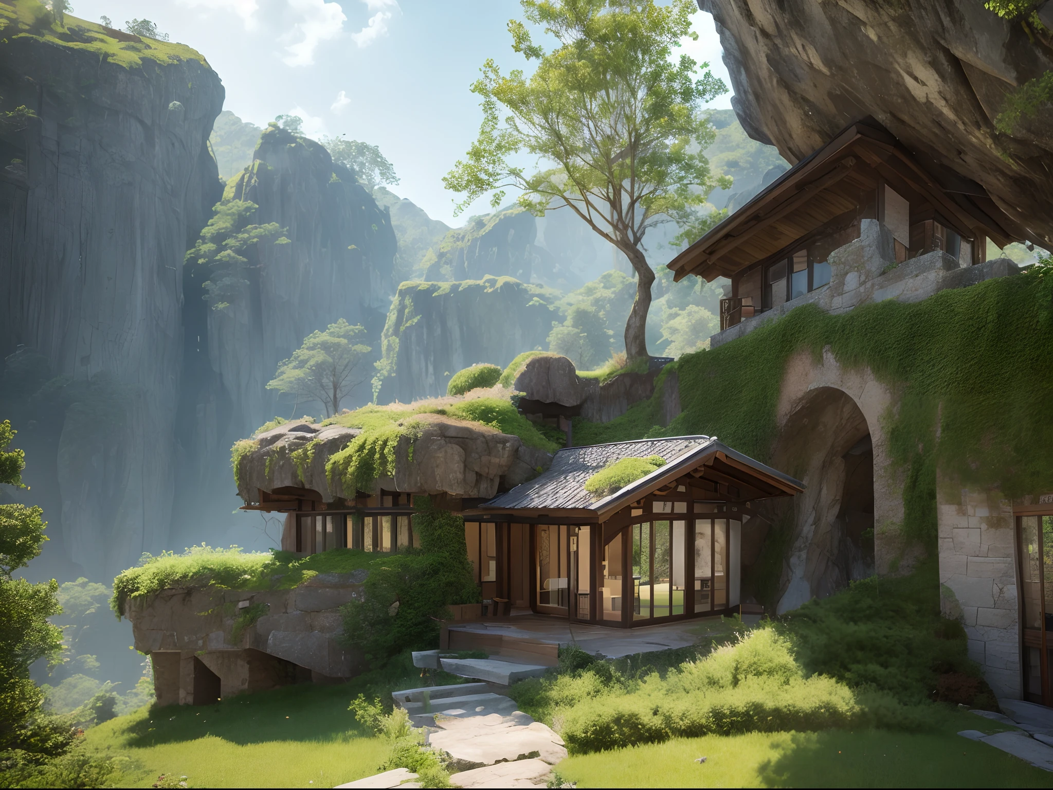 a house that was grown from a tree in the mountains in the architectural style of (Albert Frey). The tree's roots and branches were trained to create the walls of the structure. Large rock wall. The branches are lush and green. Overflowing with leaves and branches. Epic digital art of futuristic a building surrounded by mossy rocks and cliffs, large windows, trending in artstation, octane render, HDR