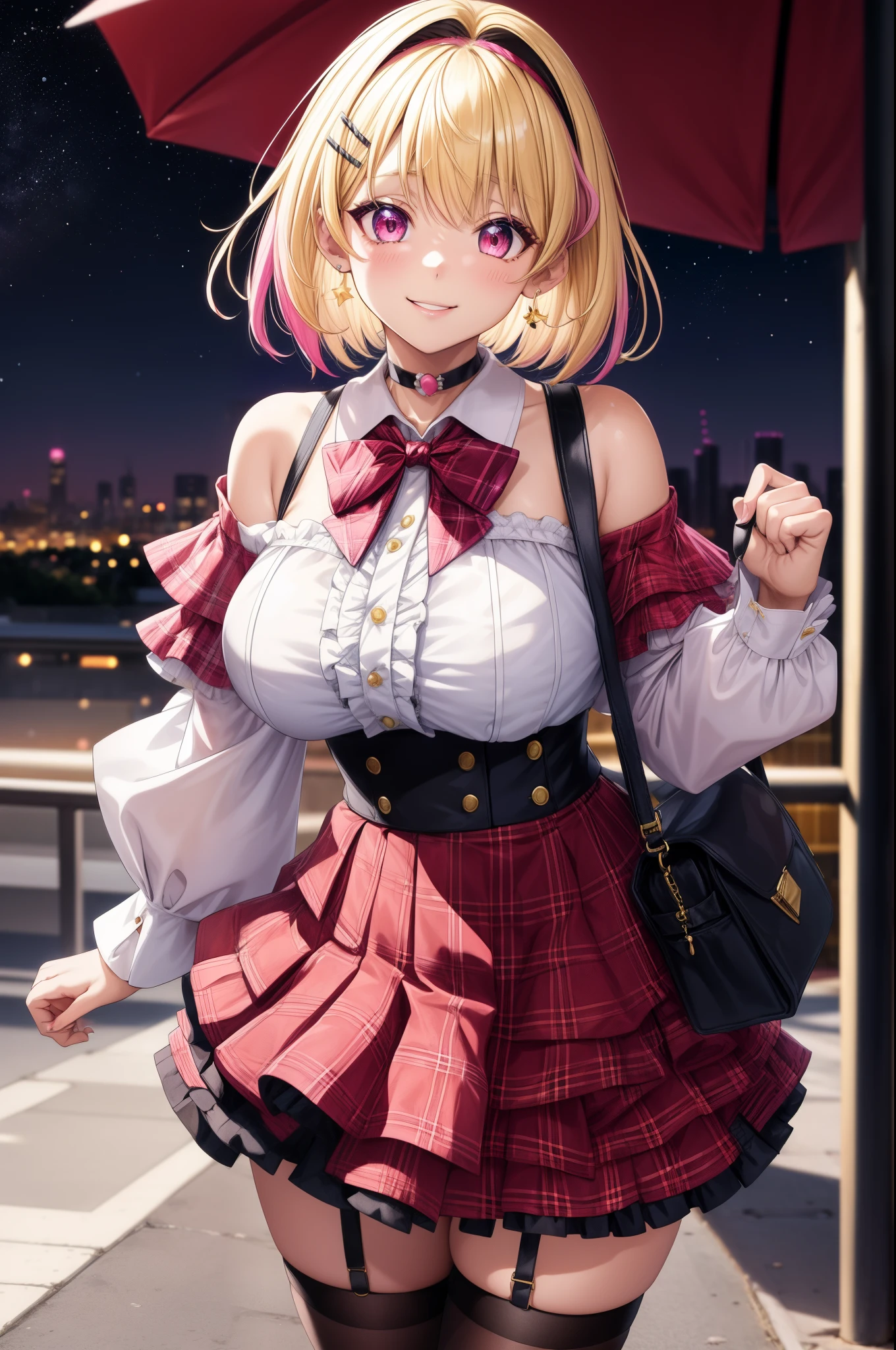 1girl, solo, blonde hair, scene hair, hair clips, pink streaks, streaky hair, short hair, off shoulder shirt, outdoors, cityscape, starry sky, flower, headband, jirai kei, bare shoulder, microskirt, plaid skirt, garter belt, earrings, thick lips, pink eyes, layered hair, huge breasts, long sleeves, thick thighs, (anime:1.2), blunt bang, eye makeup, choker, bowtie, standing, handbag, pearl earrings, cowboy shot, head tilt, smile,