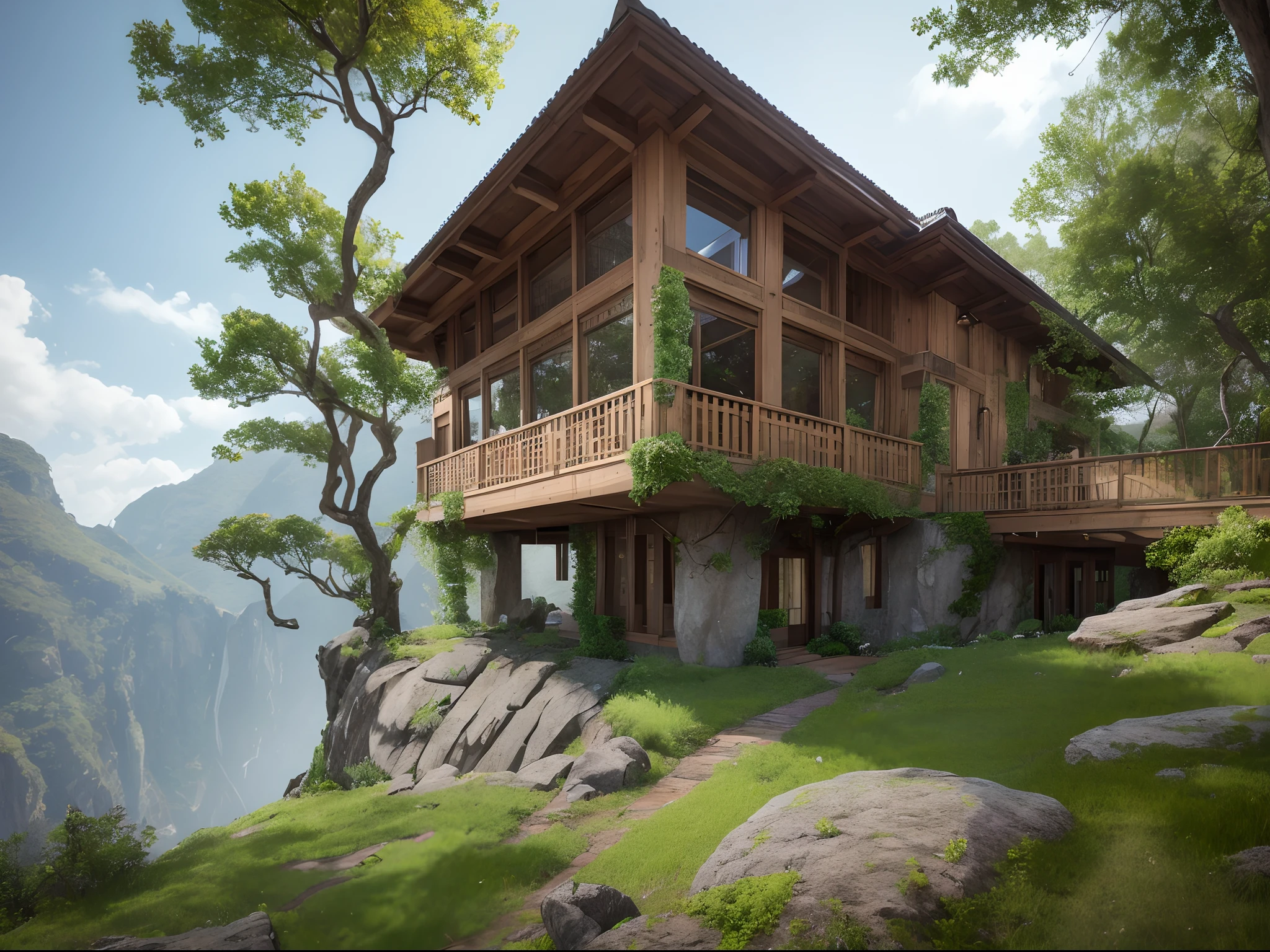 a house that was grown from a tree in the mountains in the architectural style of (Albert Frey). The tree's roots and branches were trained to create the walls of the structure. Large rock wall. The branches are lush and green. Overflowing with leaves and branches. Epic digital art of futuristic a building surrounded by mossy rocks and cliffs, large windows, trending in artstation, octane render, HDR