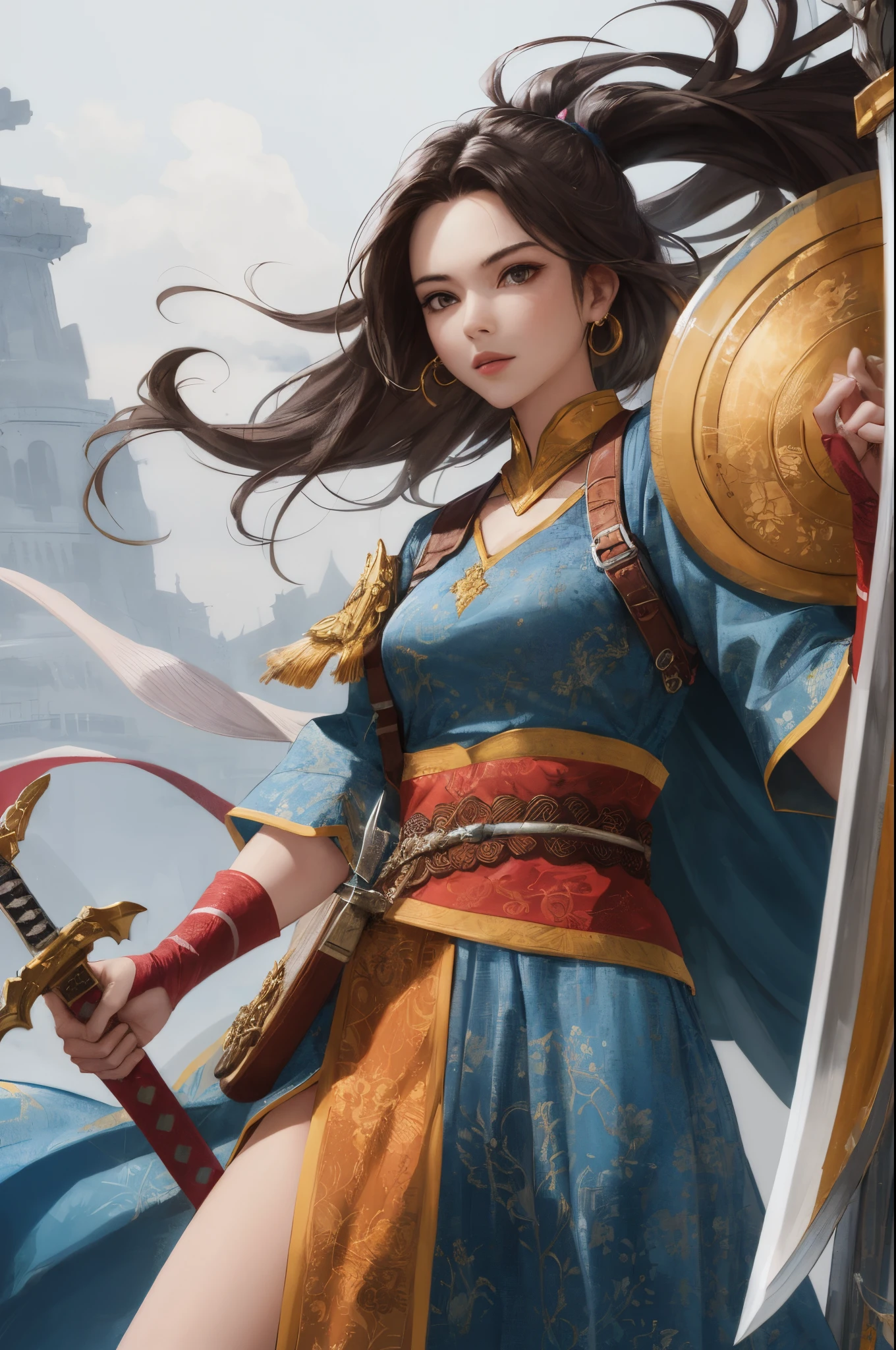 Kelantan hero (female), wear songket, hold sword and shield