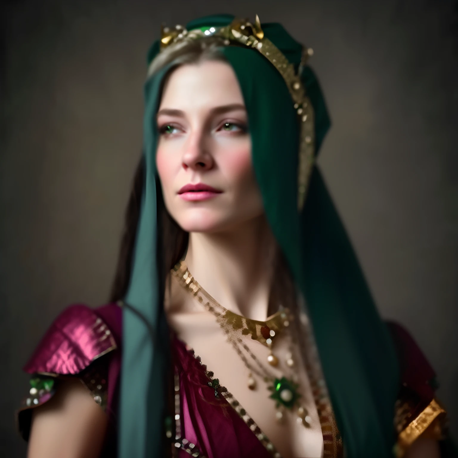 a close up of a woman with a green headpiece and a green scarf, as a medieval fantasy character, side portrait of elven royalty, in a high renaissance style, in a renaissance style, portrait of an vampire queen, portrait of megara, medieval princess, cate blanchett as medieval queen, in renaissance style, ornate cosplay, medieval portrait, medieval high fashion