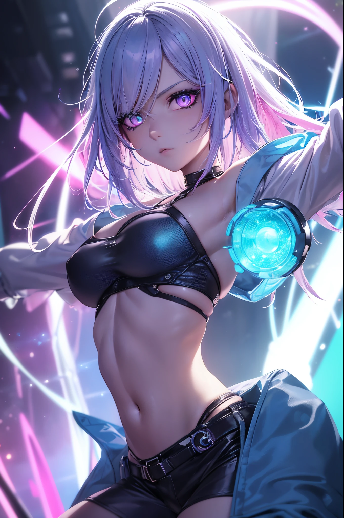 Anime woman in night city with colored lights shining on her skin, short white and pastel blue pink colored hair, pastel purple eyes, dyed pastel colored hair, hair naturally white, highly detailed background, 8k wallpaper, (detailed face and eyes:1.4), (detailed hair:1.3), (warm lighting:1.5), (dynamic angle), (dynamic pose), (dynamic background), (visceral experience), intense emotion, high detailed eyes, (shadows), (RGB LED lighting), short hair, hair naturally white dyed pink blue and green, colorful lights glow, cyberpunk edgerunners, skimpy outfit, exposed midriff, high hipsters, red eyeshadow.