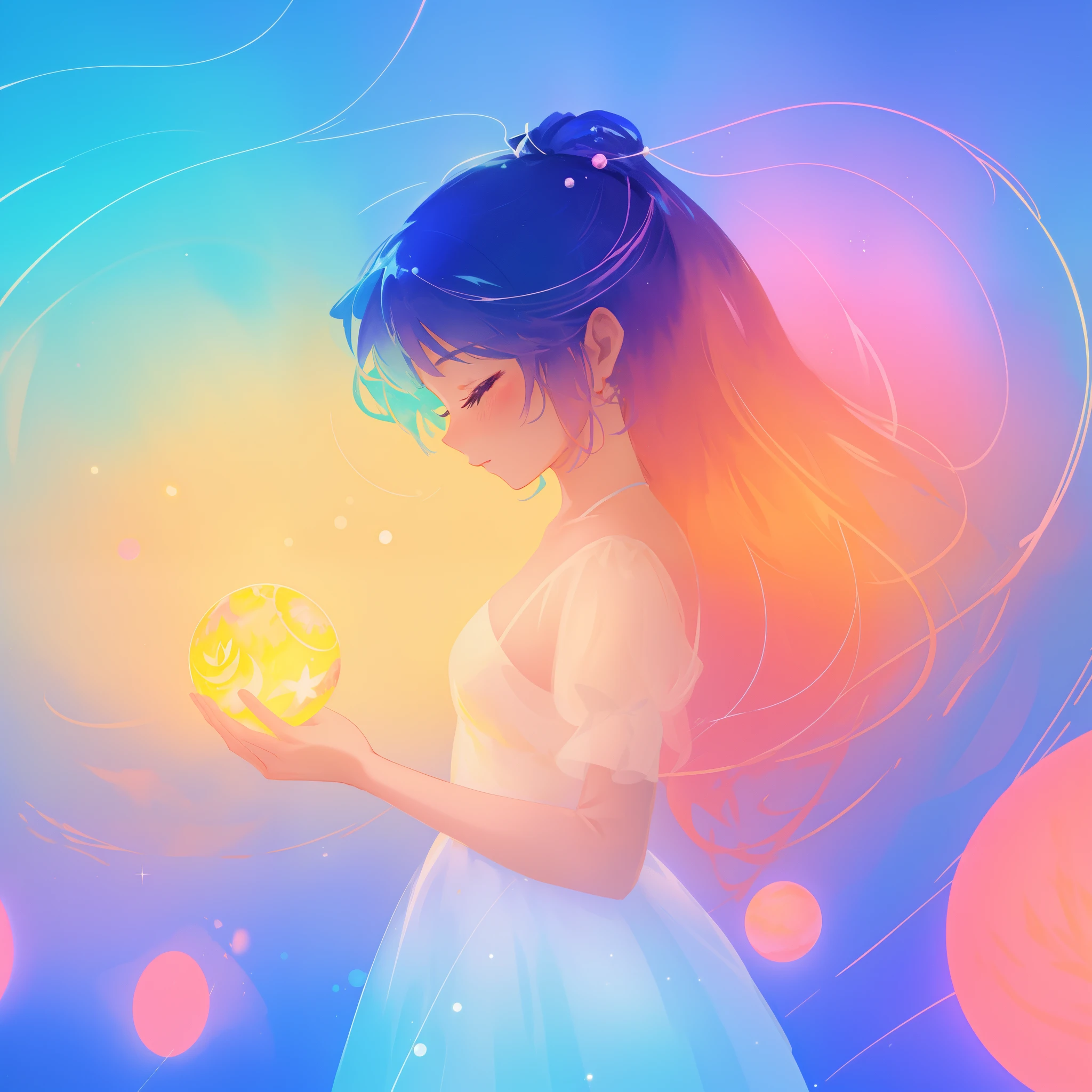 beautiful girl in sparkling white ballgown holding a glowing sphere, glowing puffy layered ballgown, (magical, whimsical), (magical orb), long flowing colorful hair, colorful fantasia background, watercolor illustration, disney art style, glowing aura around her, glowing lights, beautiful digital illustration, fantasia otherworldly landscape plants flowers, beautiful, masterpiece, best quality, anime disney style, perfect hands, profile view, eyes closed